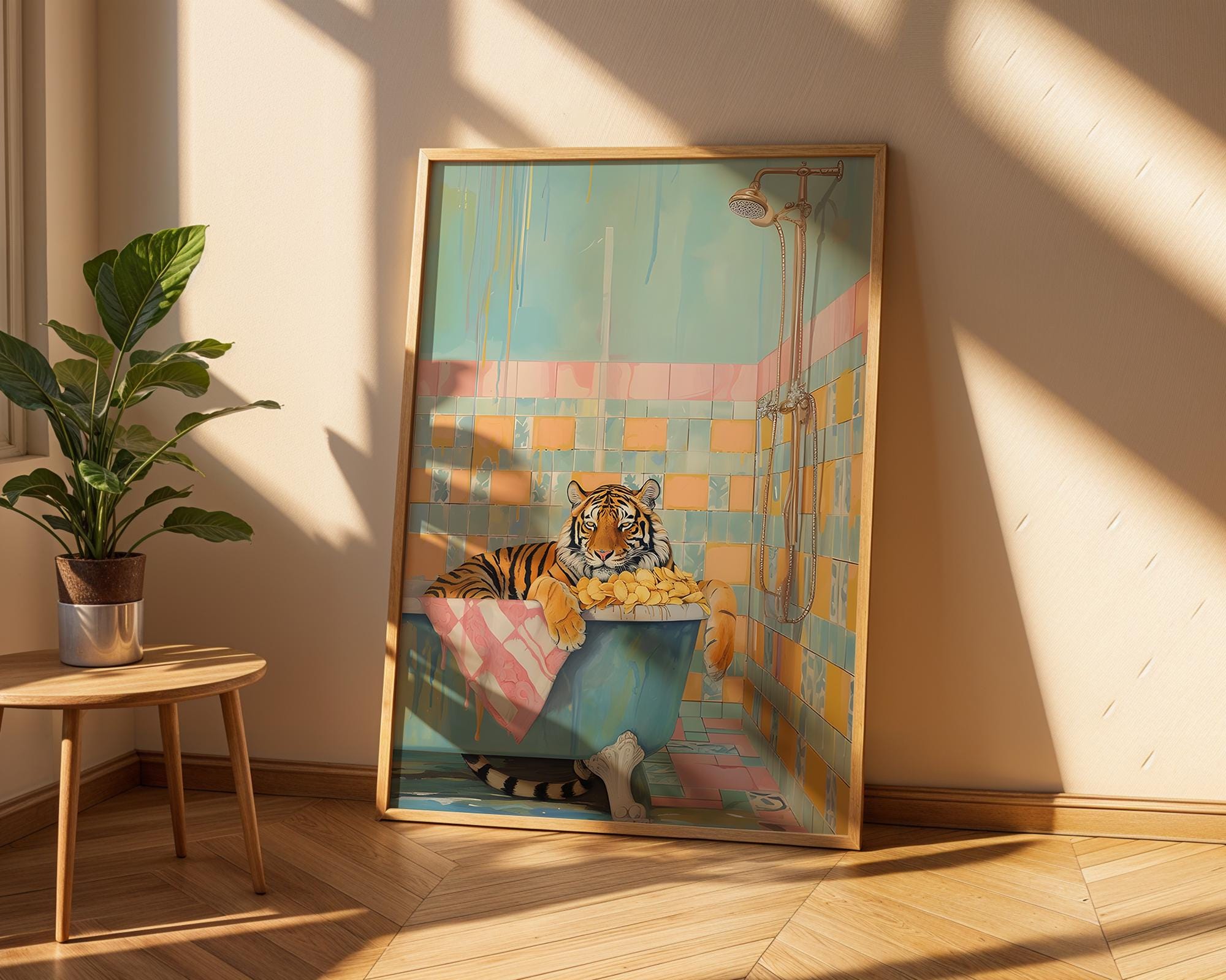 Colourful Prints | Funny Tiger in Bathtub Art Print | Playful Bathroom Decor wall art print, modern home decor, unframed artwork by Nomad & Nest