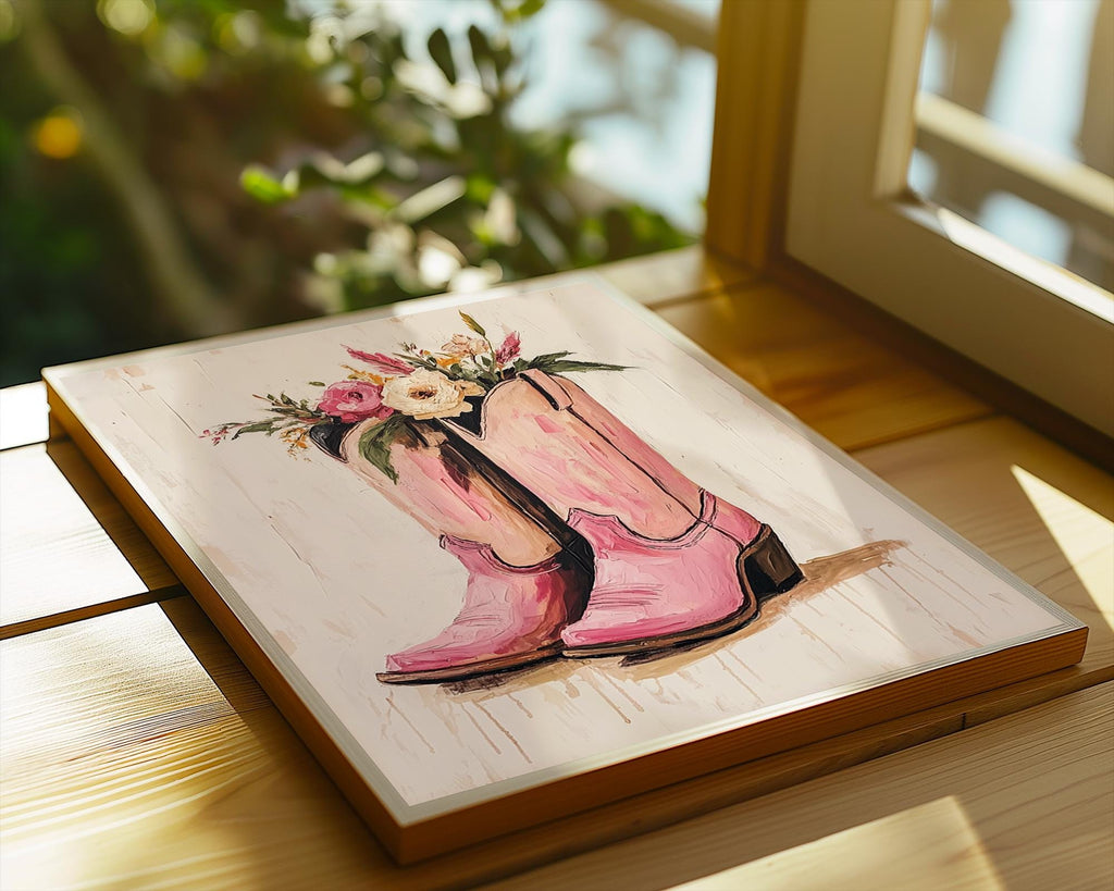 Pink Cowboy Boots with Flowers Print | Floral Western Wall Art wall art print, modern home decor, unframed artwork by Nomad & Nest