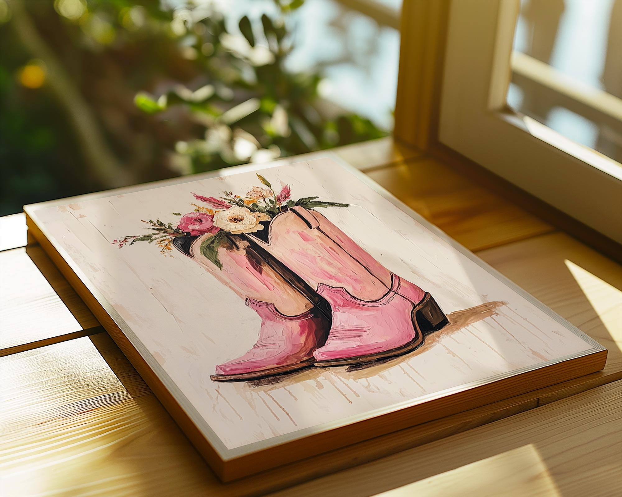 Pink Cowboy Boots with Flowers Print | Floral Western Wall Art wall art print, modern home decor, unframed artwork by Nomad & Nest
