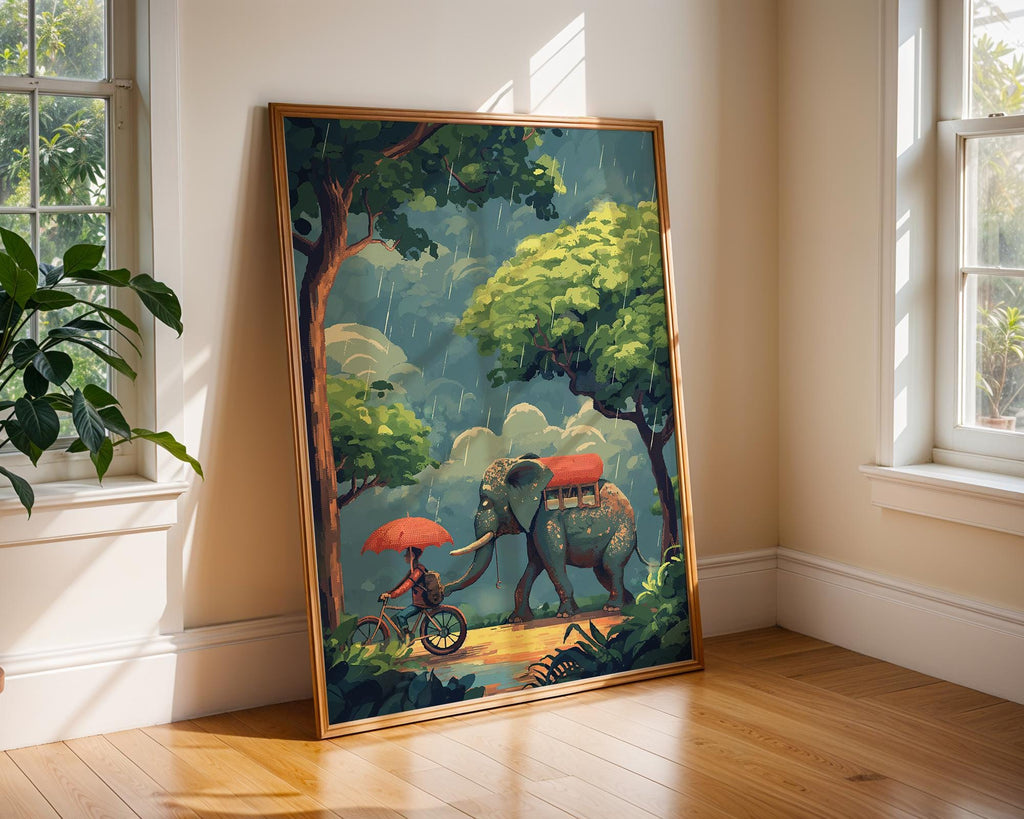 Elephant and Boy Rainy Day Print | Whimsical Friendship Wall Art wall art print, modern home decor, unframed artwork by Nomad & Nest