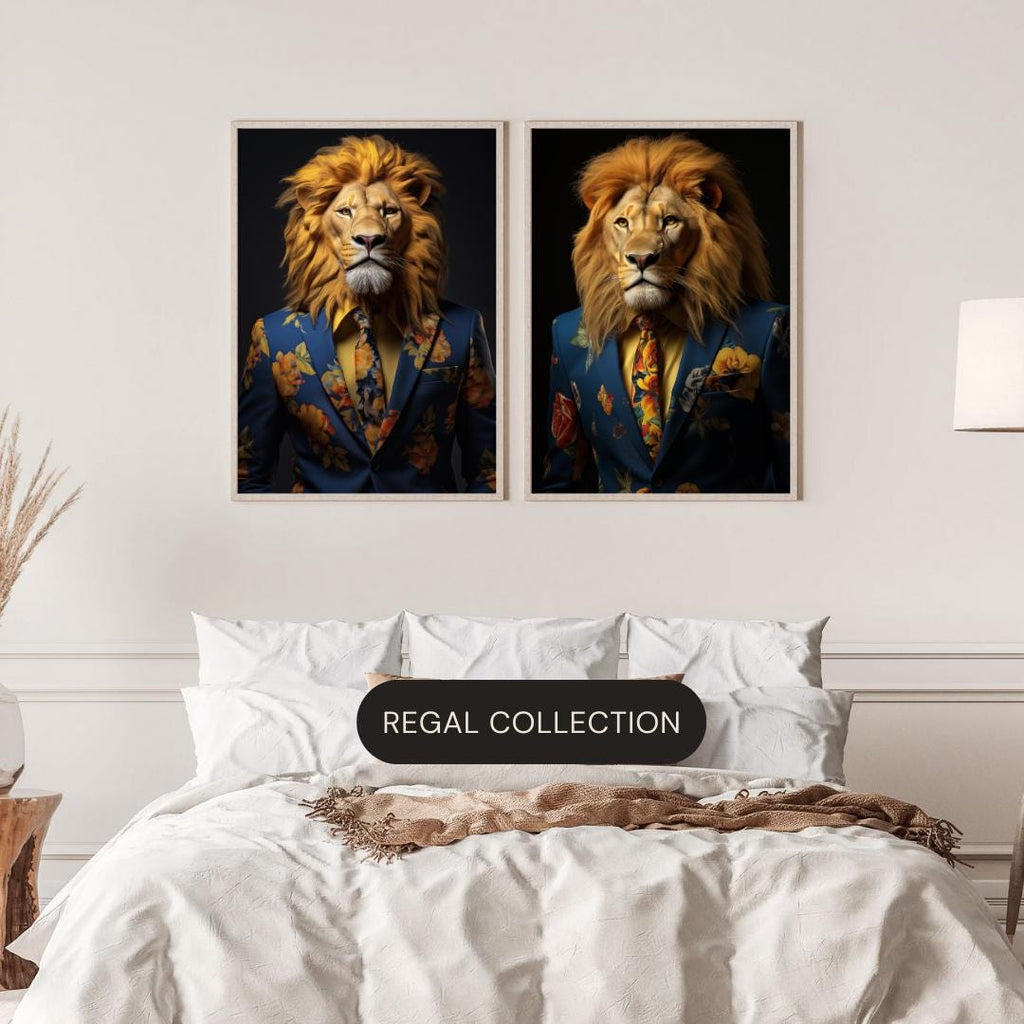 Floral Suit Lion Art Print | Whimsical Animal Wall Decor wall art print, modern home decor, unframed artwork by Nomad & Nest