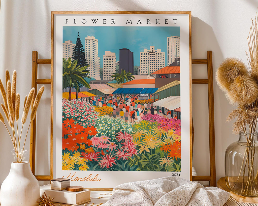 Honolulu Flower Market Print | Vintage Hawaiian Travel Poster wall art print, modern home decor, unframed artwork by Nomad & Nest