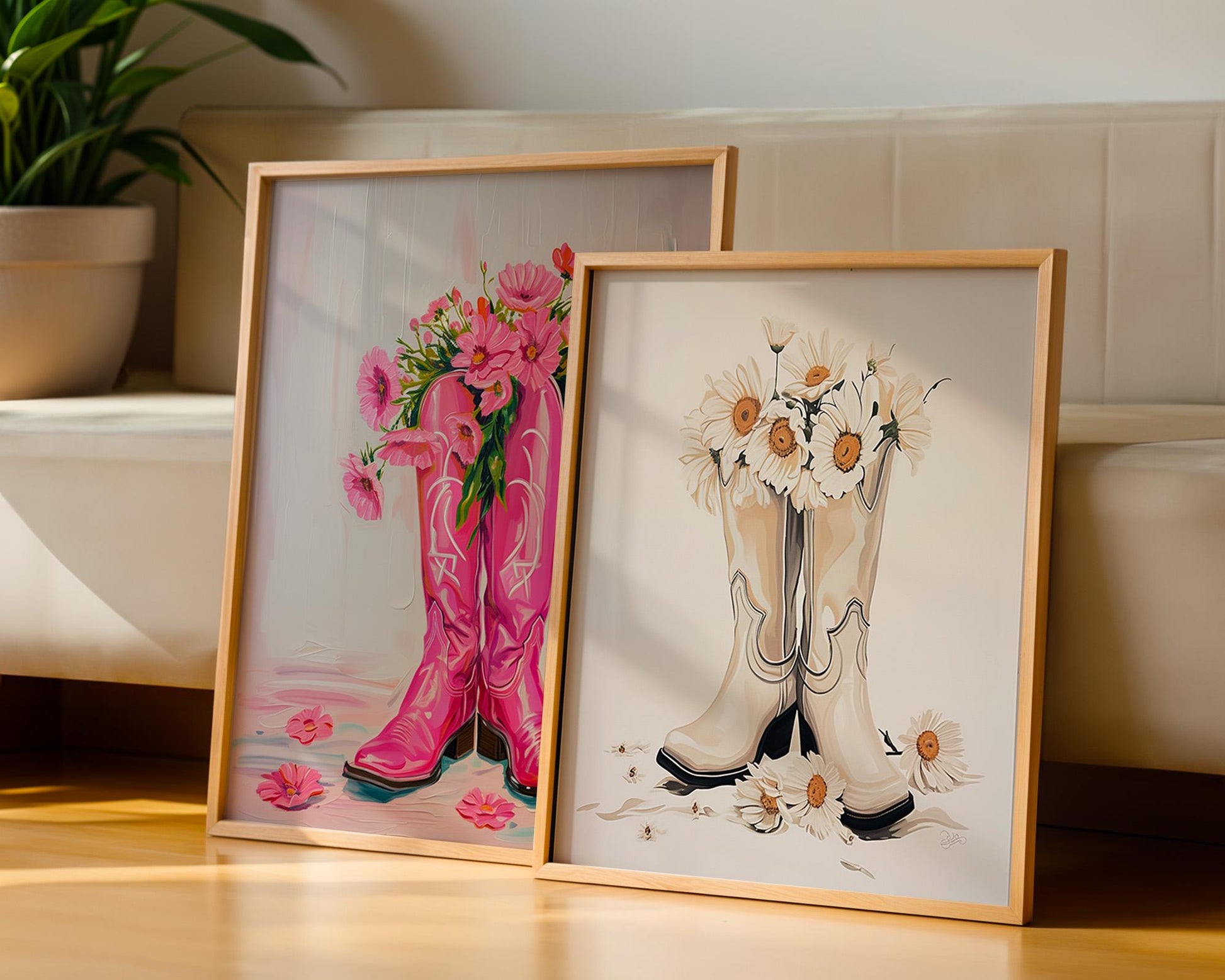 Colourful Prints | Cowgirl Boots Floral Art Prints – Western Home Decor, Set of 2 wall art print, modern home decor, unframed artwork by Nomad & Nest