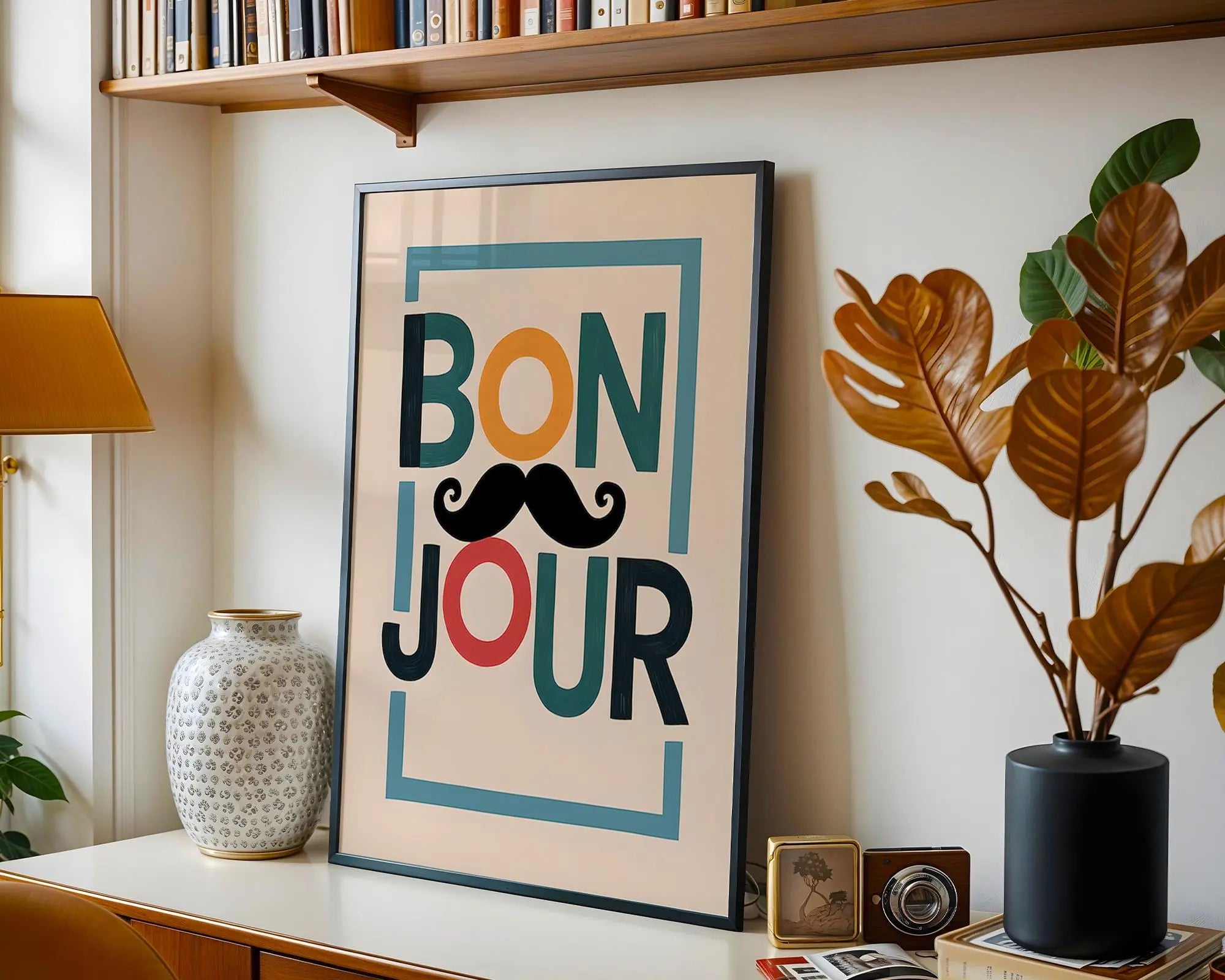 Positive Emotion | Bonjour Typography Wall Art | Playful Mustache Print | Modern French Quote Decor wall art print, modern home decor, unframed artwork by Nomad & Nest
