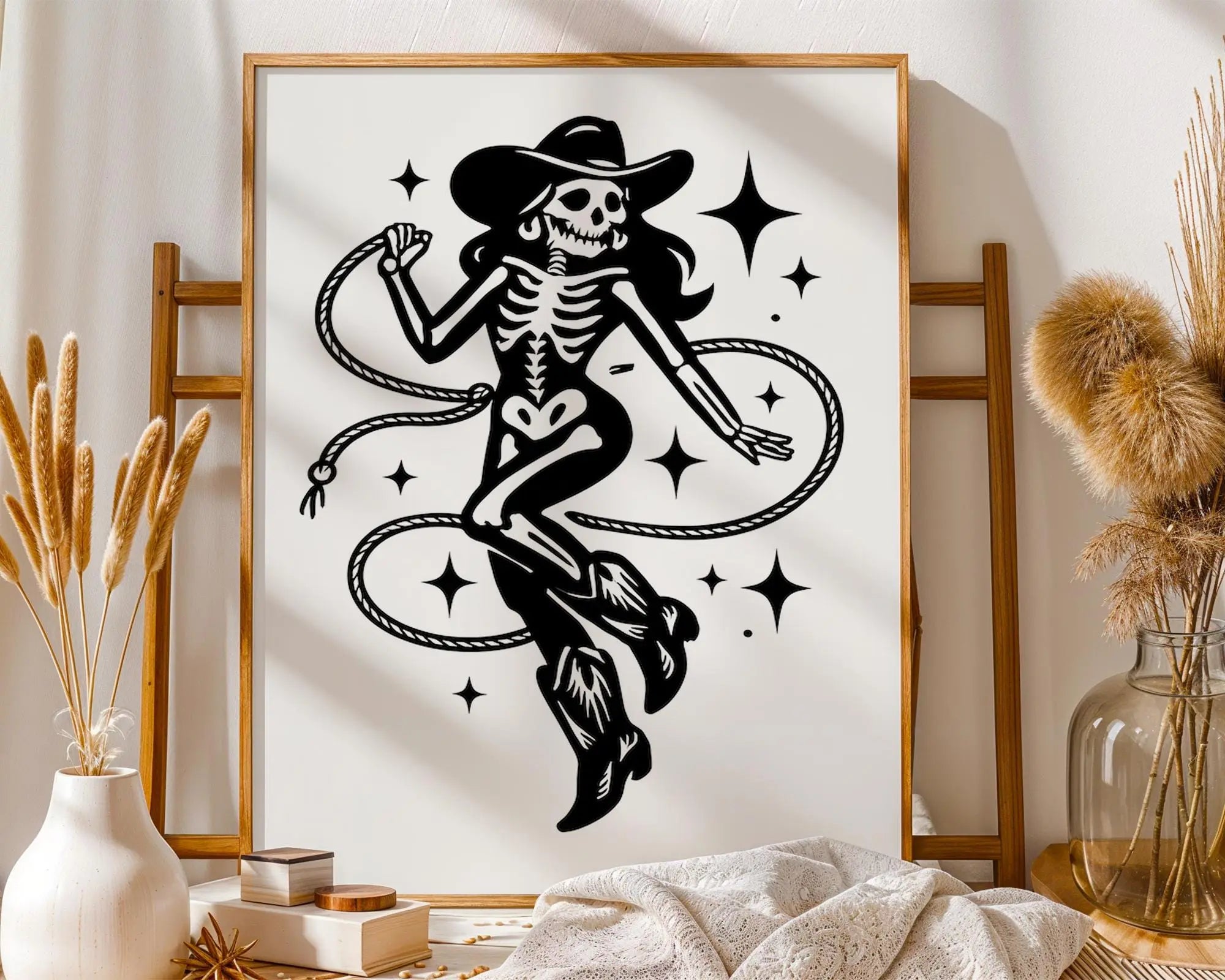 Gothic Cowgirl Skeleton Art Print – Dark Western Wall Decor wall art print, modern home decor, unframed artwork by Nomad & Nest