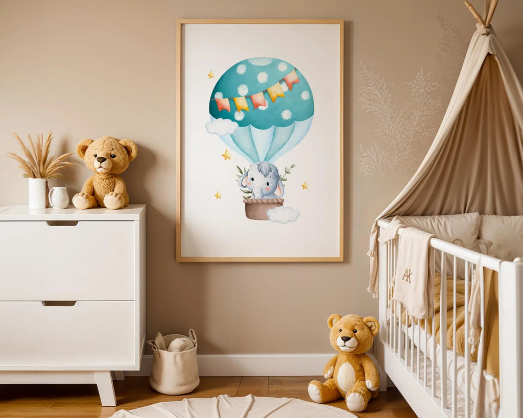 Playroom Ideas | Elephant Balloon Nursery Print | Cute Animal Wall Art wall art print, modern home decor, unframed artwork by Nomad & Nest
