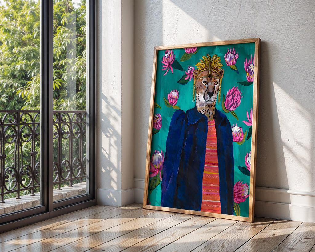 Cheetah Portrait Art Print | Maximalist Animal, Tropical Flowers wall art print, modern home decor, unframed artwork by Nomad & Nest