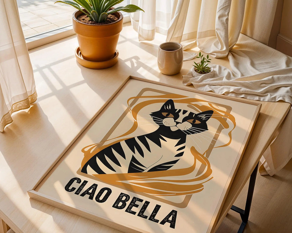 Ciao Bella Cat Art Print | Italian Inspired Animal Illustration wall art print, modern home decor, unframed artwork by Nomad & Nest