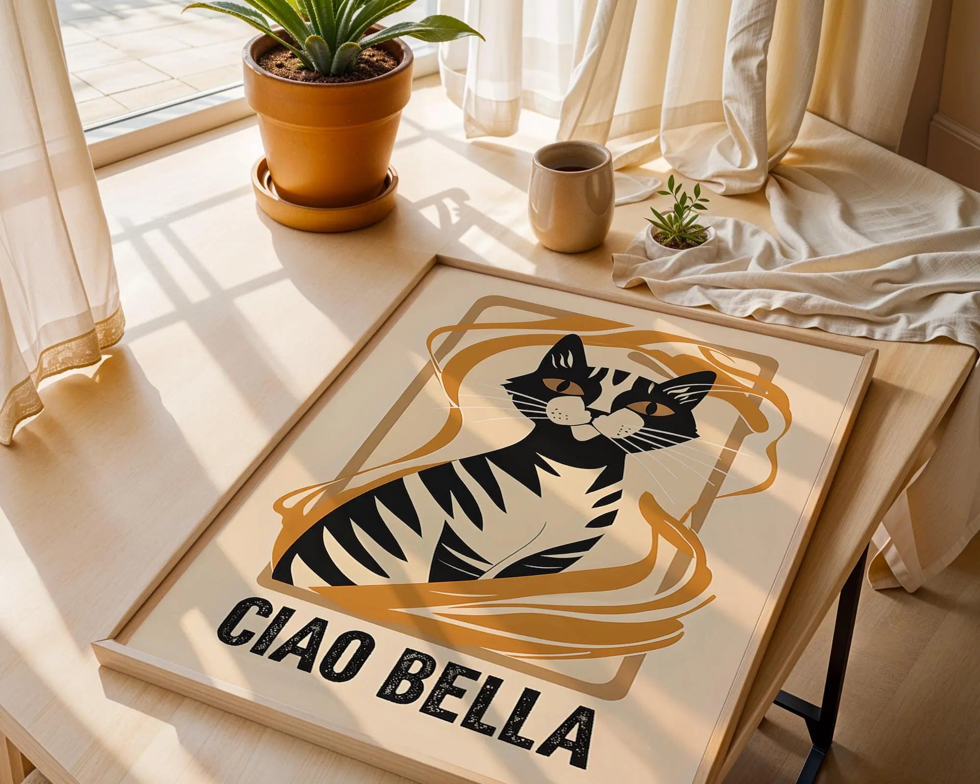 Ciao Bella Cat Art Print | Italian Inspired Animal Illustration wall art print, modern home decor, unframed artwork by Nomad & Nest