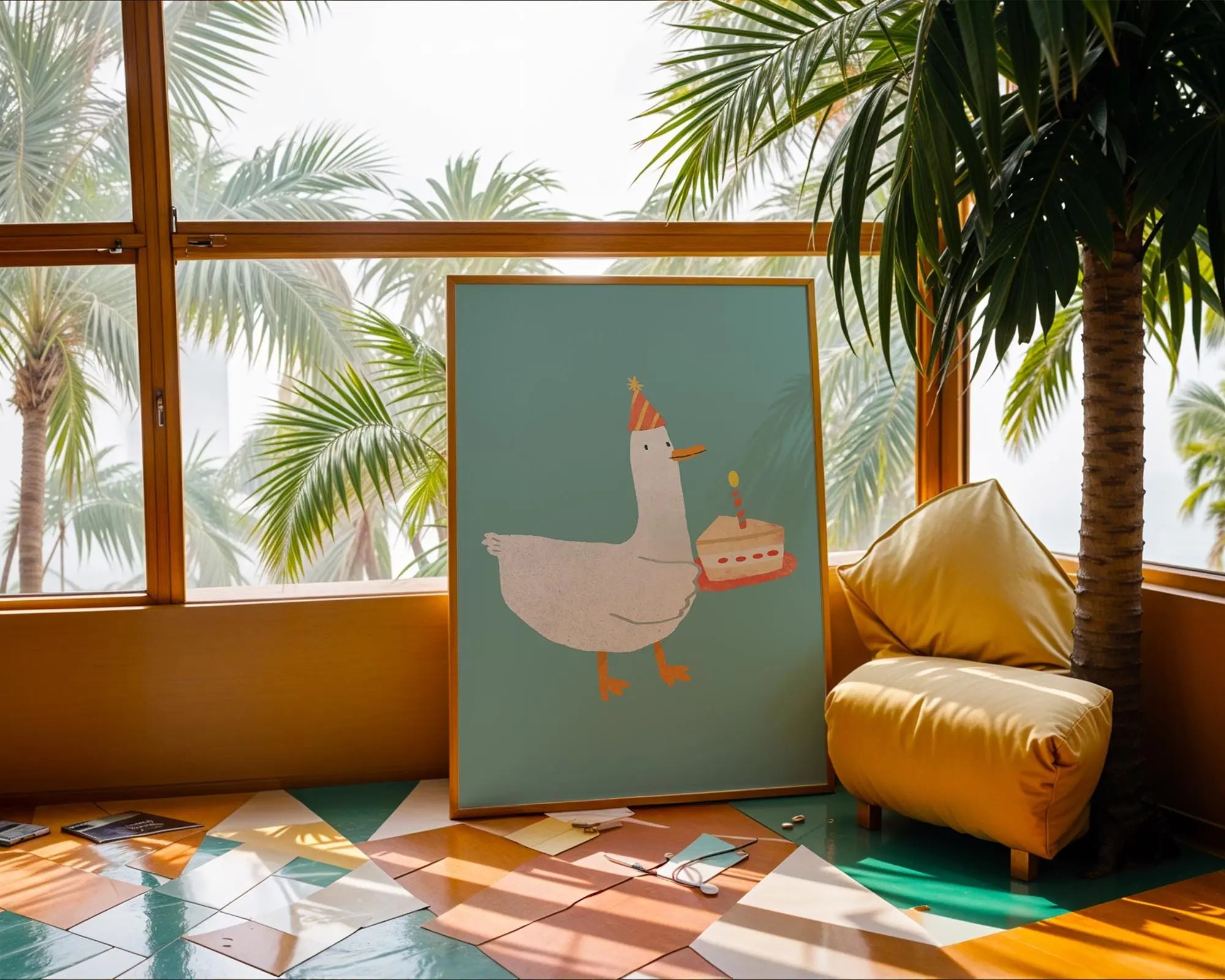Goose Birthday Cake Print | Whimsical Animal Kids Room Art wall art print, modern home decor, unframed artwork by Nomad & Nest