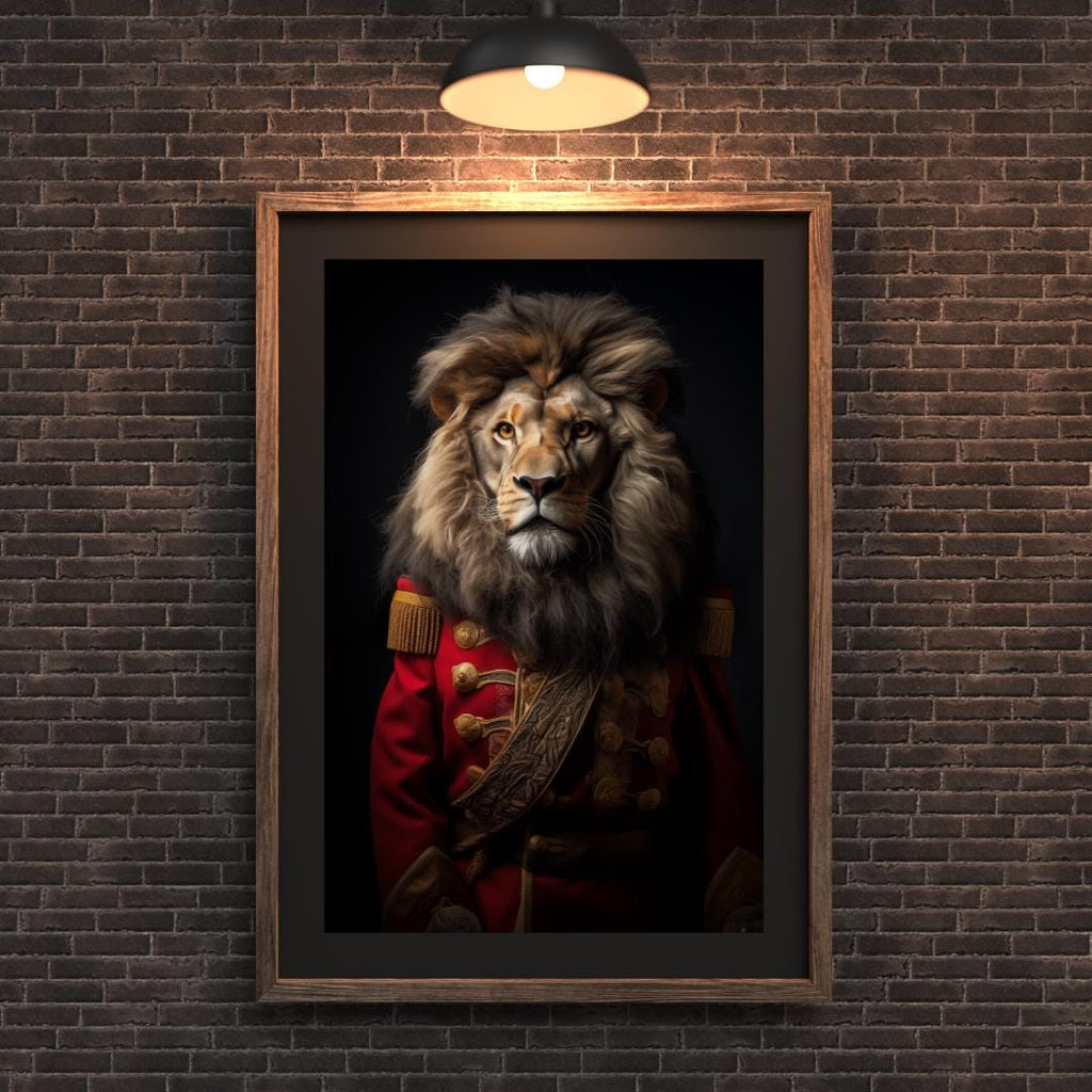 Victorian Lion Portrait Print | Red Regal Military Coat Animal Art wall art print, modern home decor, unframed artwork by Nomad & Nest