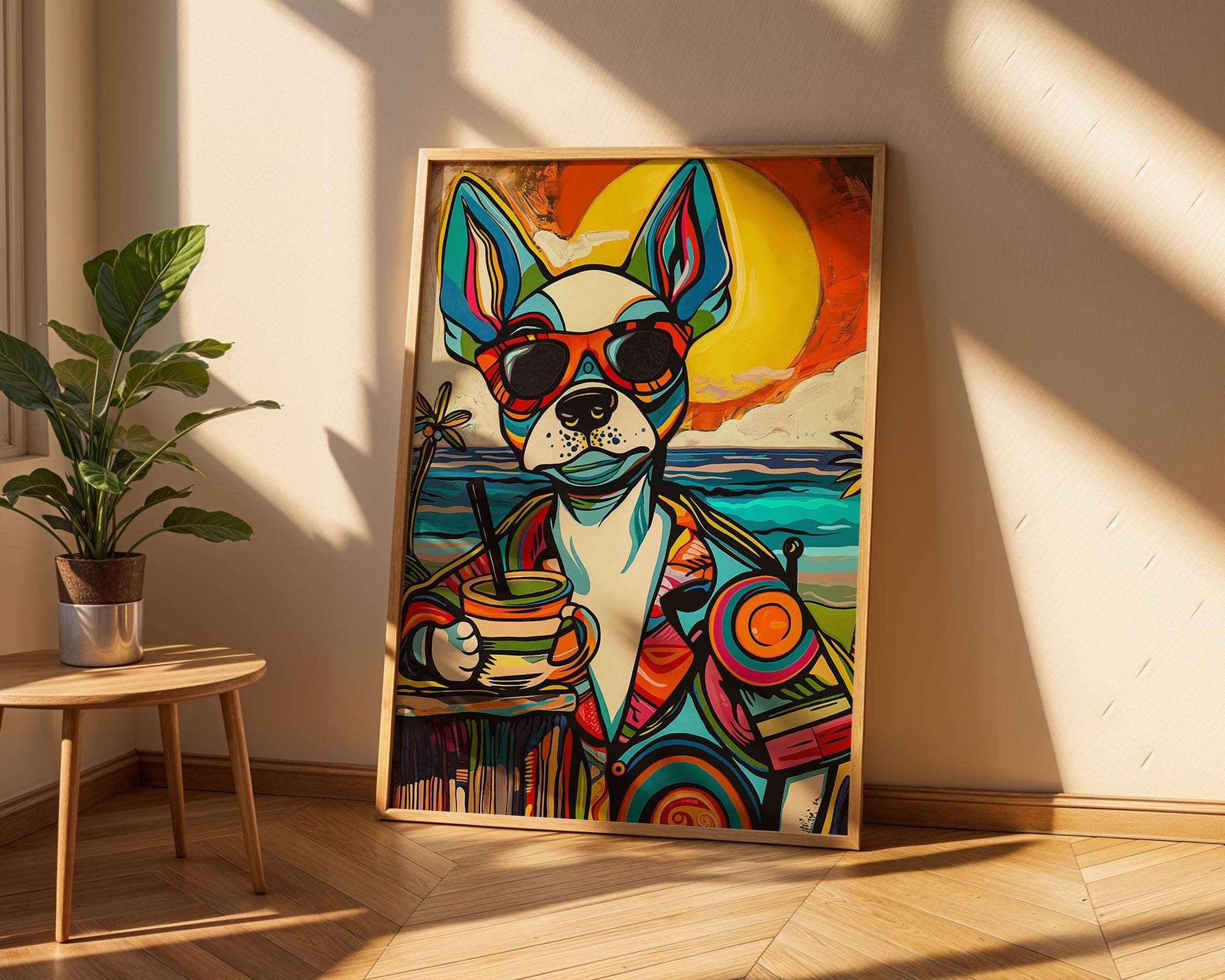Boston Terrier Cocktail Art Print | Retro Summer Beach Poster wall art print, modern home decor, unframed artwork by Nomad & Nest