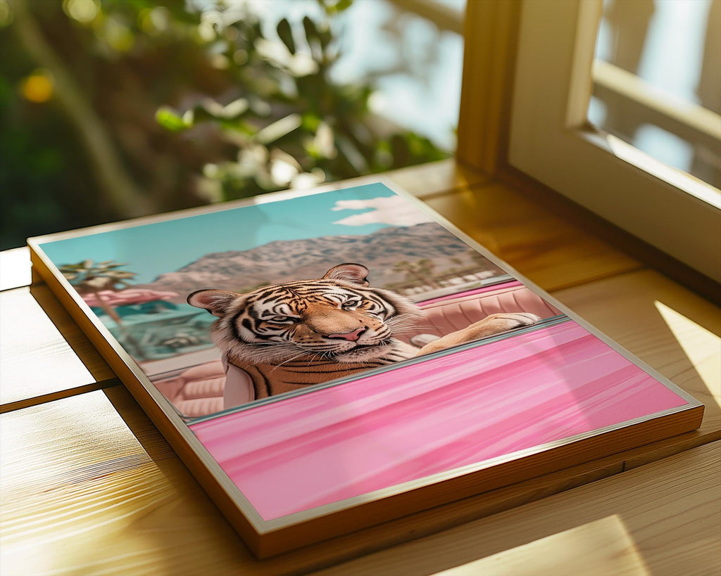 Tiger in Pink Convertible Print | Retro Palm Springs Wall Art wall art print, modern home decor, unframed artwork by Nomad & Nest