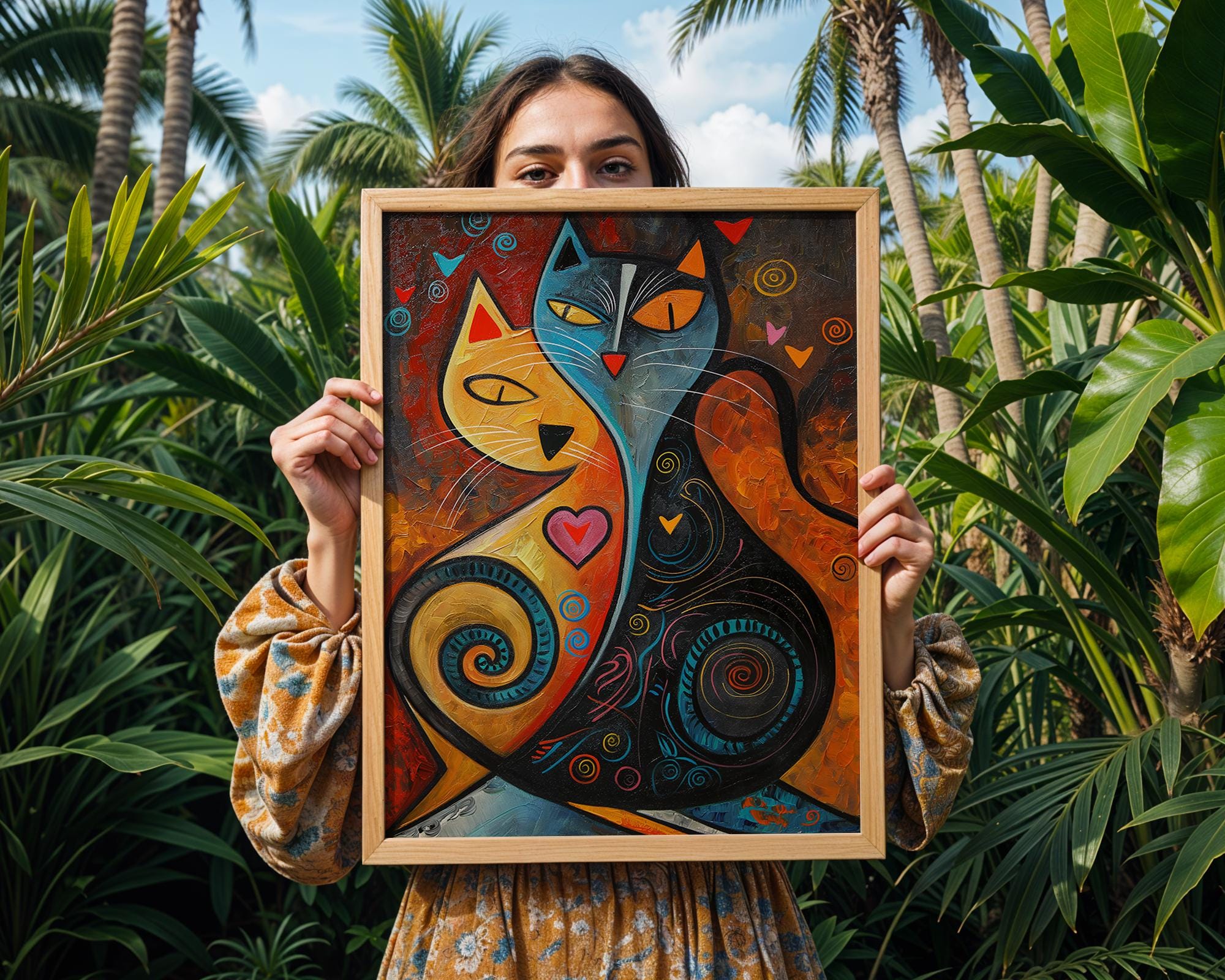 Abstract Cat Duo Art Print | Colorful Geometric Folk Art wall art print, modern home decor, unframed artwork by Nomad & Nest