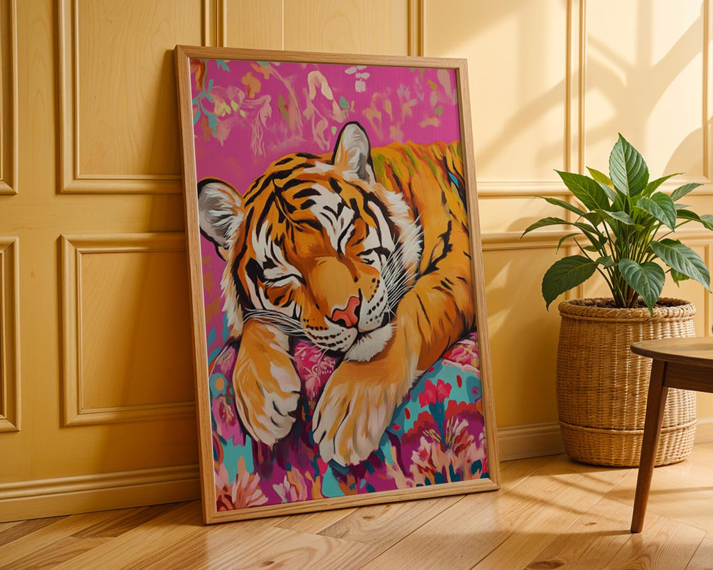 Sleeping Tiger Art Print | Pink Floral Cushion, Whimsical Jungle Decor wall art print, modern home decor, unframed artwork by Nomad & Nest