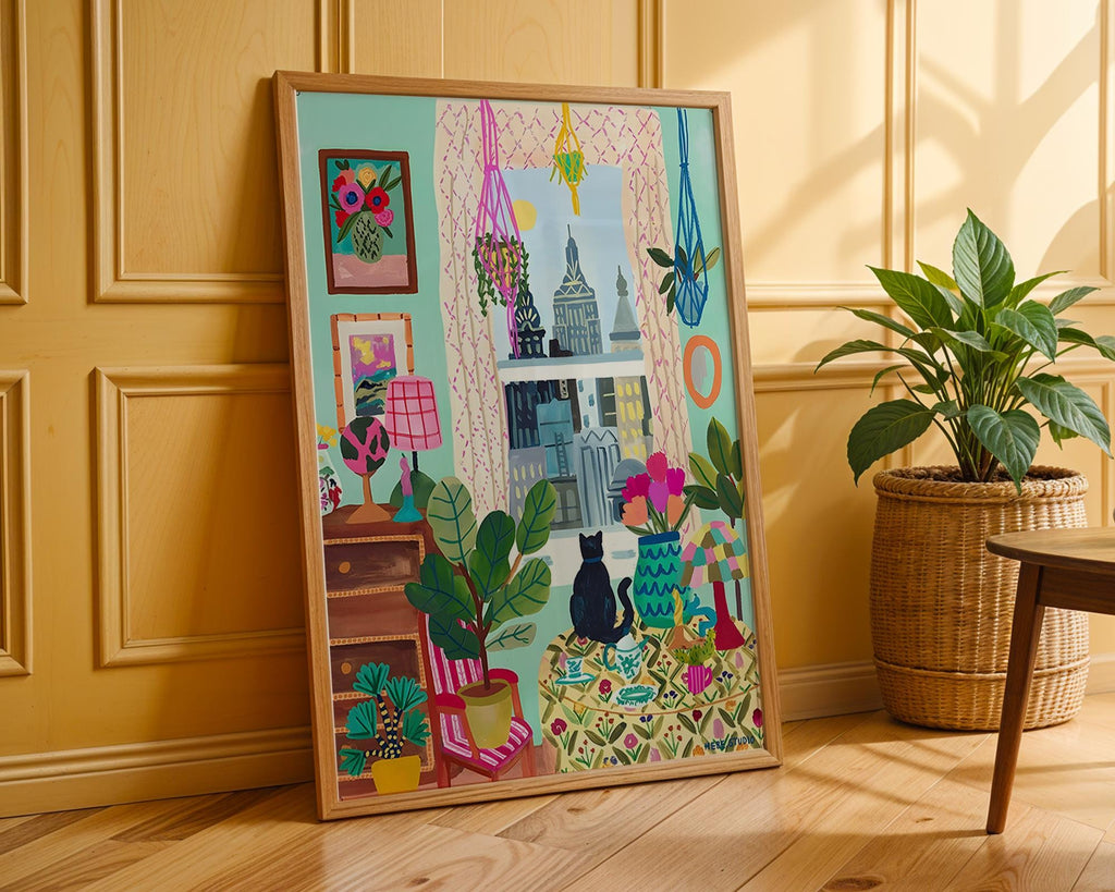 Cat by Window Art Print | Colorful Interior, Botanical Illustration wall art print, modern home decor, unframed artwork by Nomad & Nest