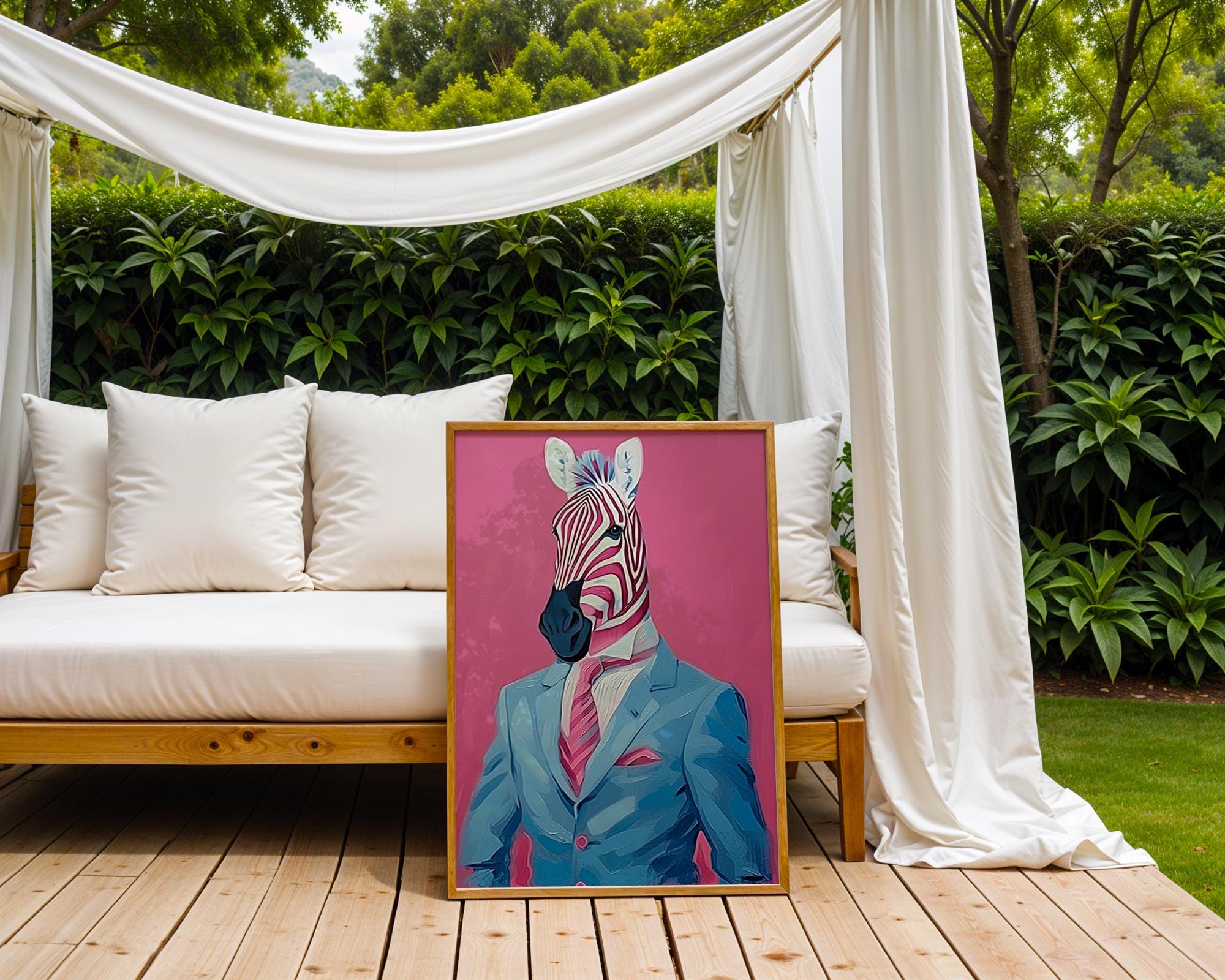 Colourful Prints | Zebra in Suit Art Print | Quirky Animal Portrait, Pink Jungle wall art print, modern home decor, unframed artwork by Nomad & Nest