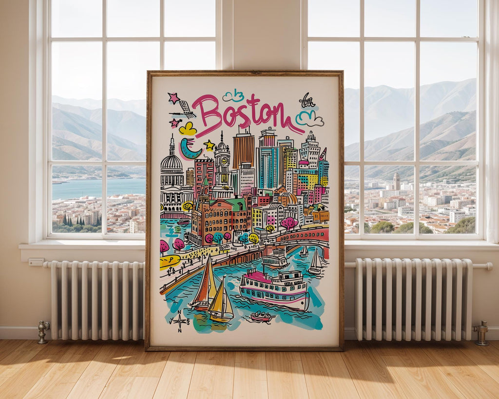 Boston Cityscape Art Print | Colorful USA Travel Poster wall art print, modern home decor, unframed artwork by Nomad & Nest