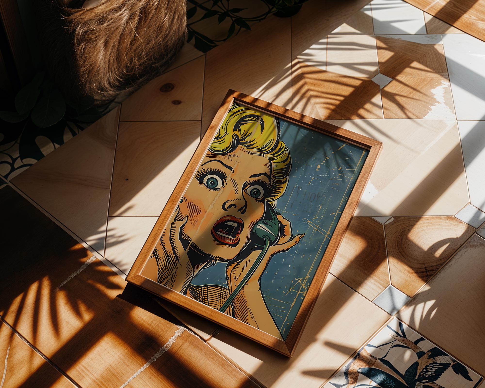 Modern Pop Art | Print | Shocked Woman on Phone, Retro Comic Style wall art print, modern home decor, unframed artwork by Nomad & Nest