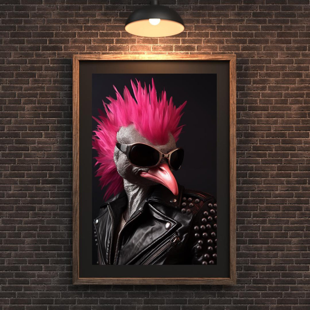 Punk Flamingo Art Print | Pink Mohawk, Studded Leather Jacket wall art print, modern home decor, unframed artwork by Nomad & Nest