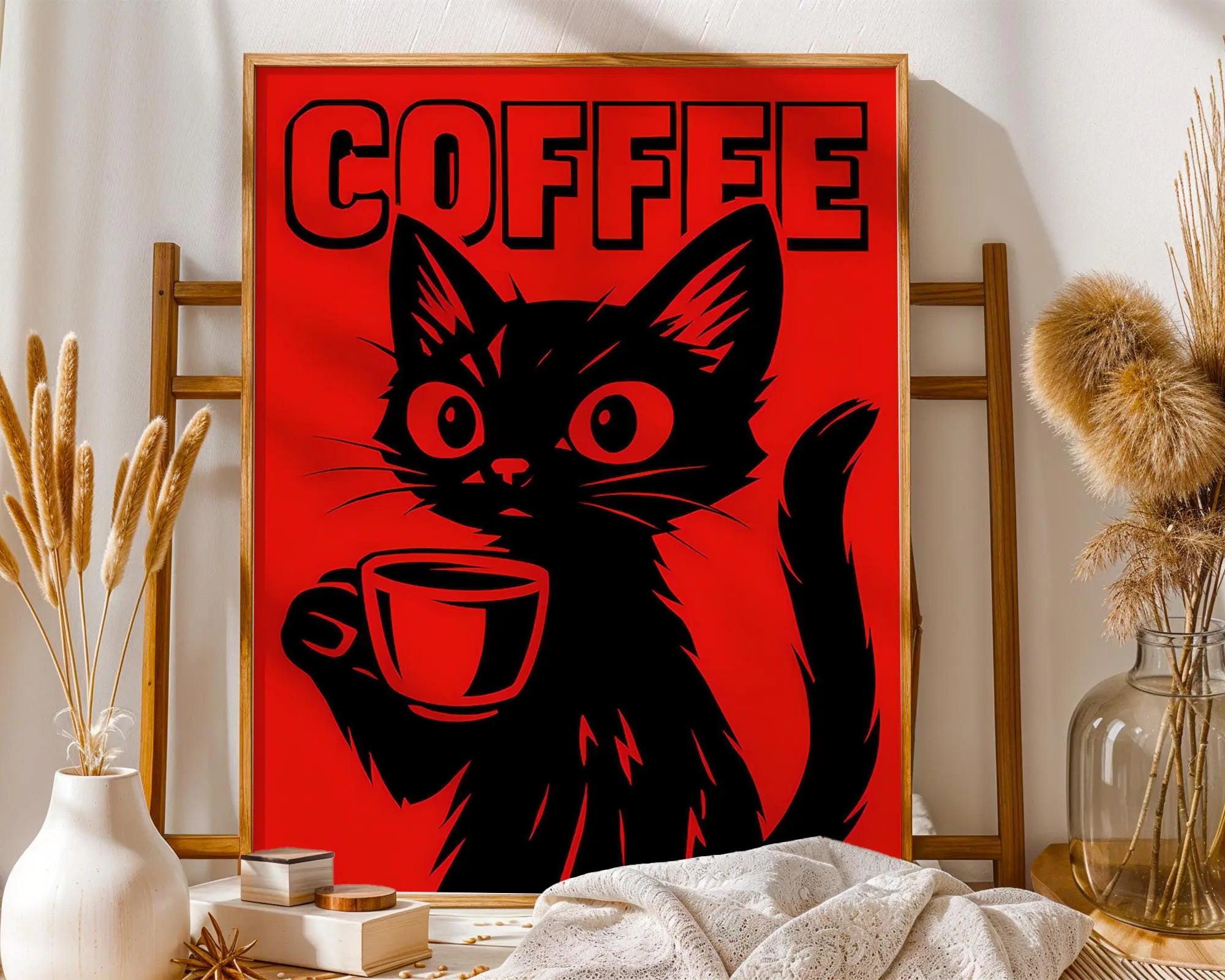 Positive Emotion | Coffee Cat Art Print | Bold Retro Graphic Poster wall art print, modern home decor, unframed artwork by Nomad & Nest