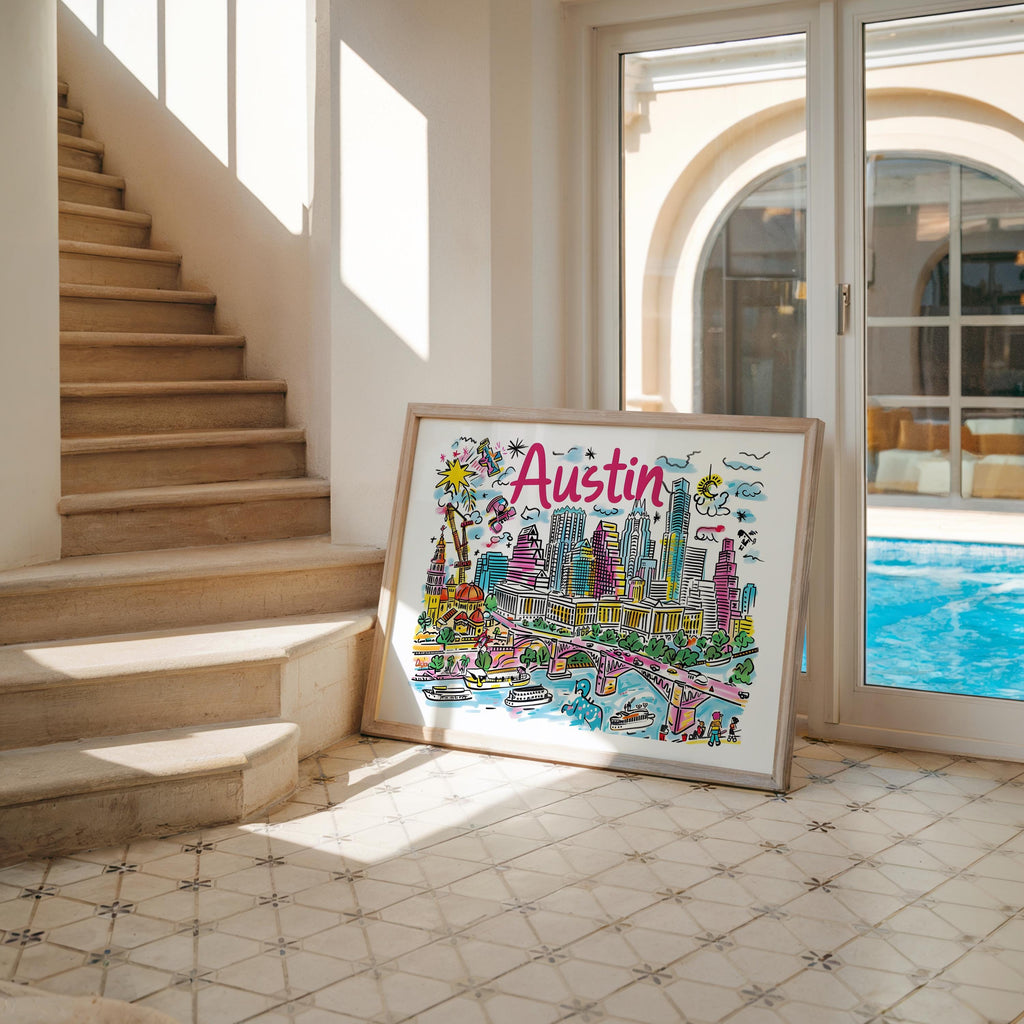 Austin Texas Cityscape Art Print | Colorful Travel Poster wall art print, modern home decor, unframed artwork by Nomad & Nest