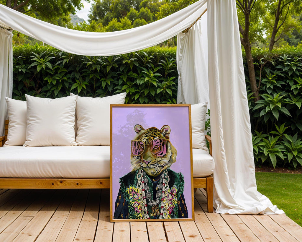 Tiger with Sunglasses Art Print | Colorful Maximalist Animal Poster wall art print, modern home decor, unframed artwork by Nomad & Nest