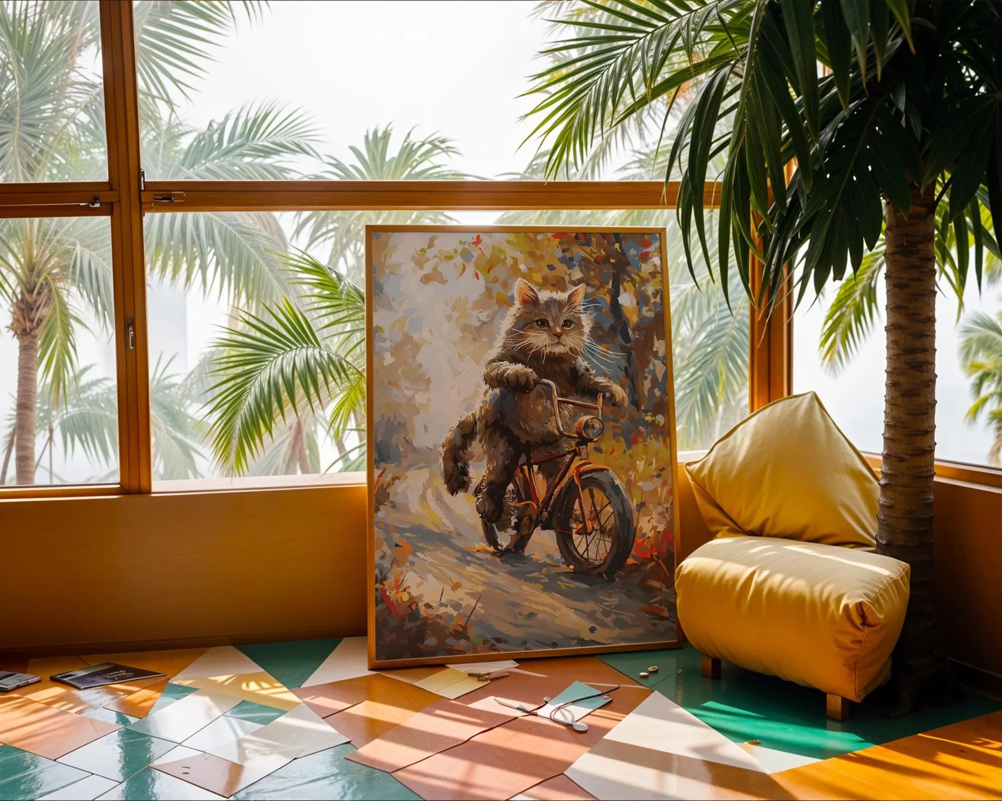 Autumn Cat Bicycle Print | Whimsical Fall Animal Wall Art wall art print, modern home decor, unframed artwork by Nomad & Nest