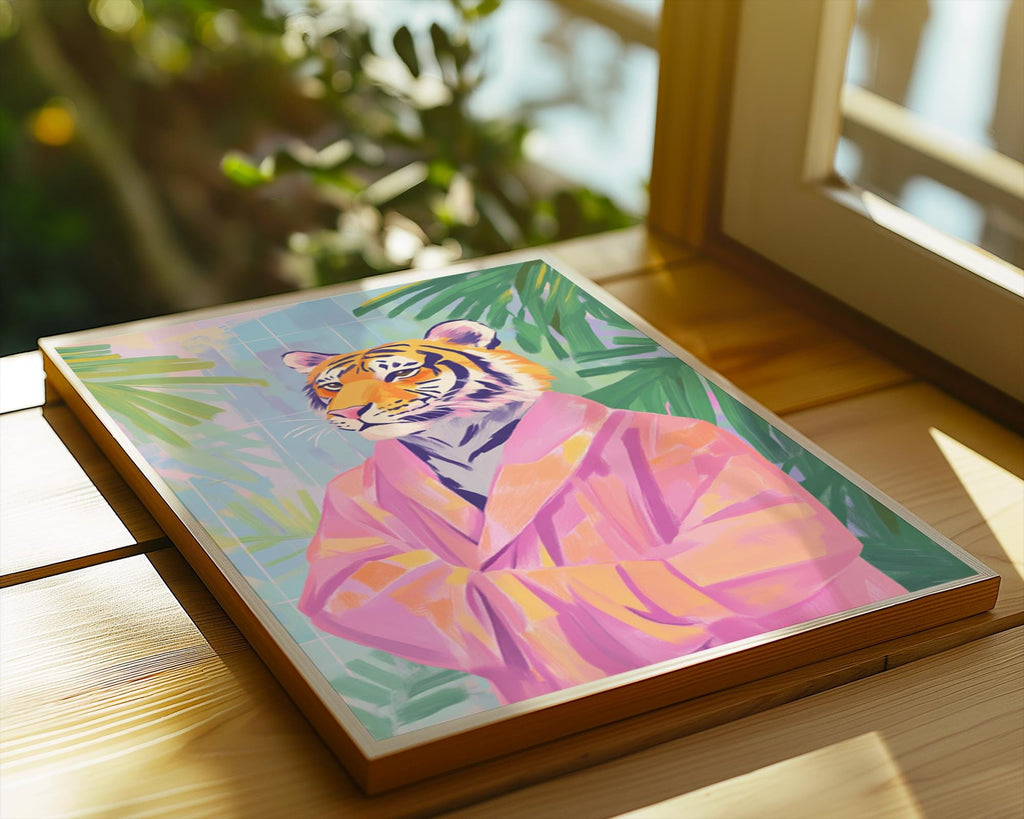 Tiger in Pink Robe Art Print | Whimsical Jungle Animal Poster wall art print, modern home decor, unframed artwork by Nomad & Nest