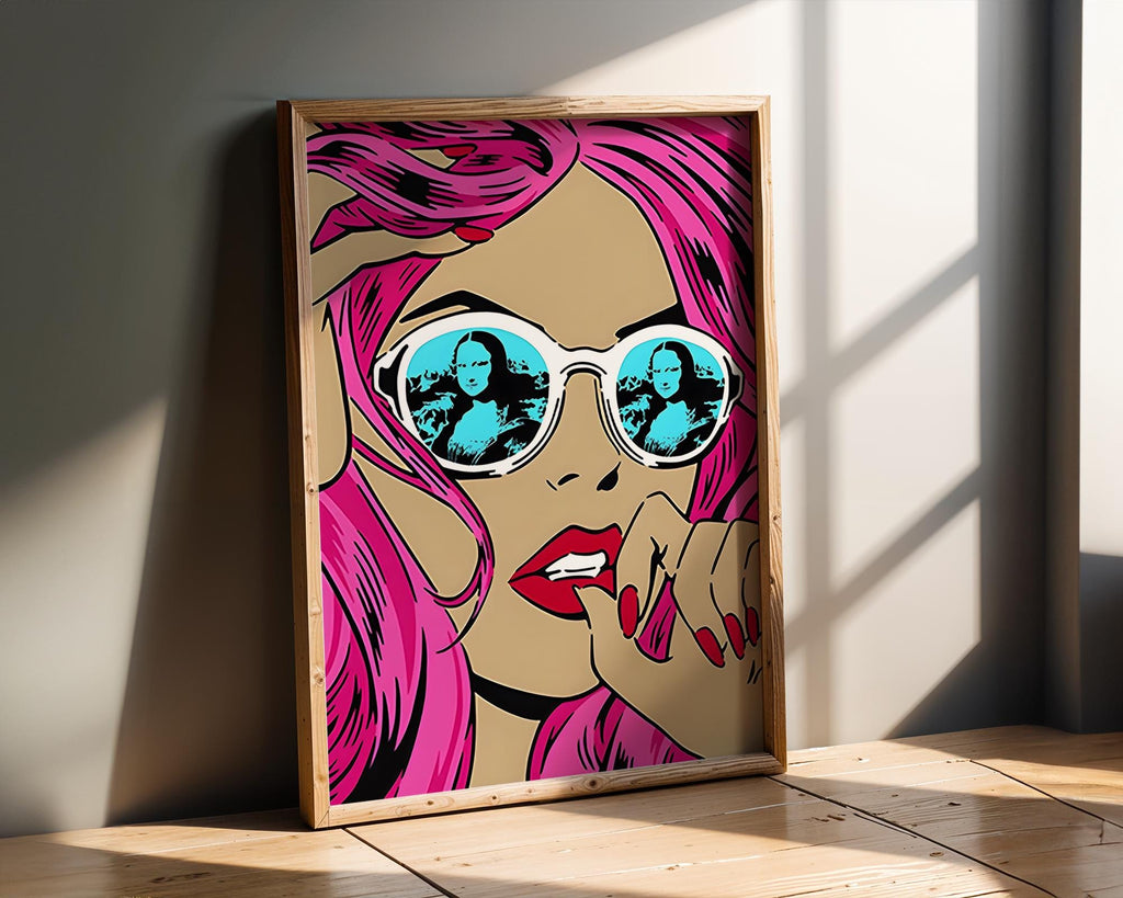 Modern Pop Art | Mona Lisa Sunglasses  Print | Pink Hair, Roy Lichtenstein Style wall art print, modern home decor, unframed artwork by Nomad & Nest