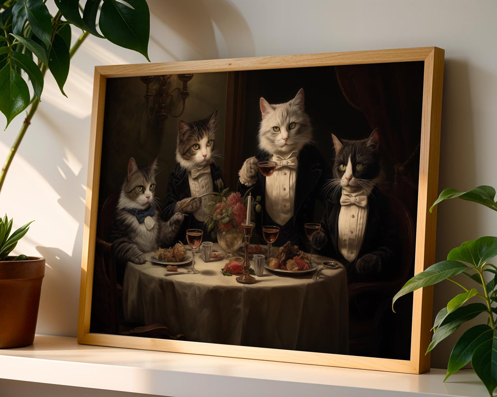 Tuxedo Cats Dinner Party Print | Whimsical Anthropomorphic Animal Art wall art print, modern home decor, unframed artwork by Nomad & Nest