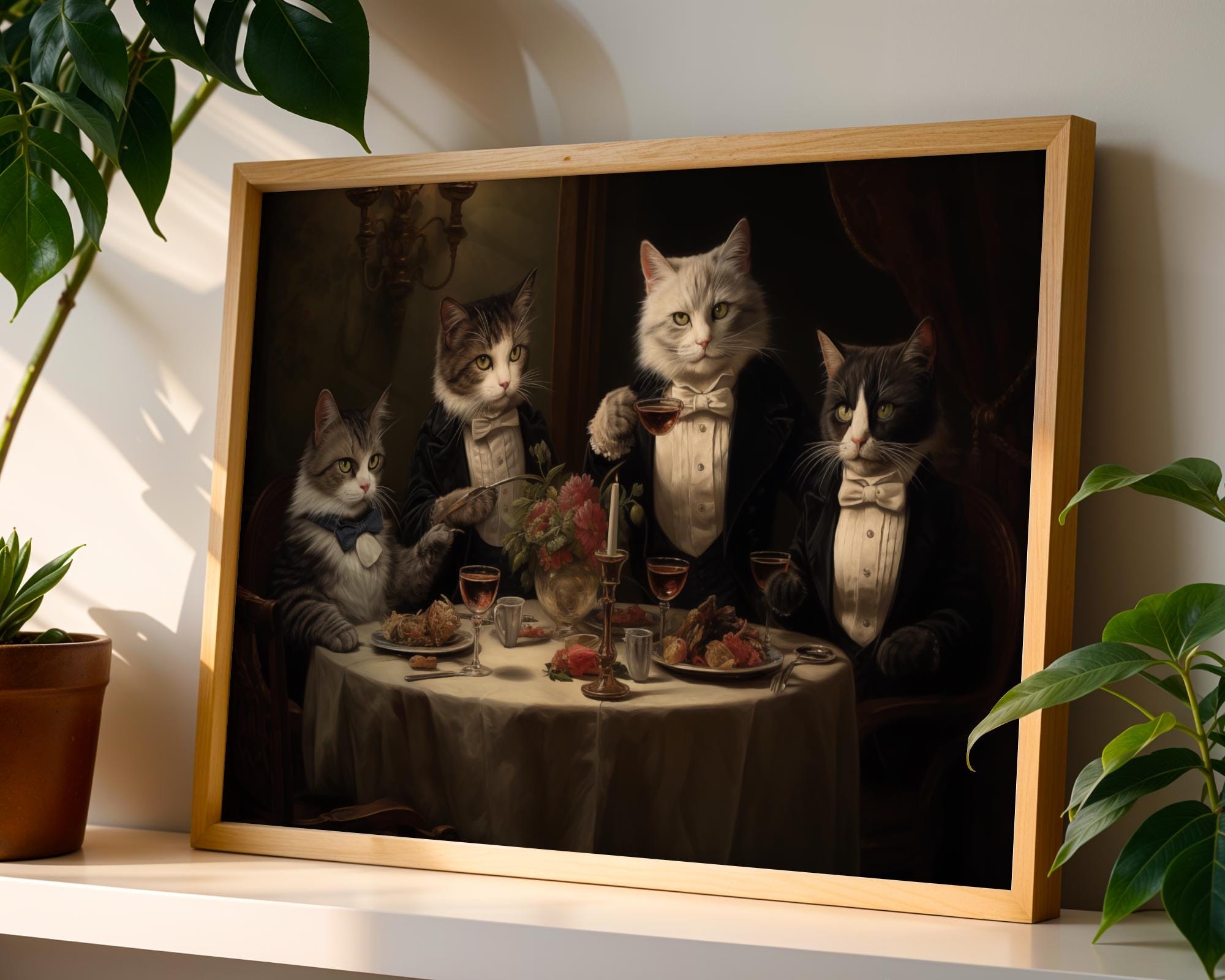 Tuxedo Cats Dinner Party Print | Whimsical Anthropomorphic Animal Art wall art print, modern home decor, unframed artwork by Nomad & Nest