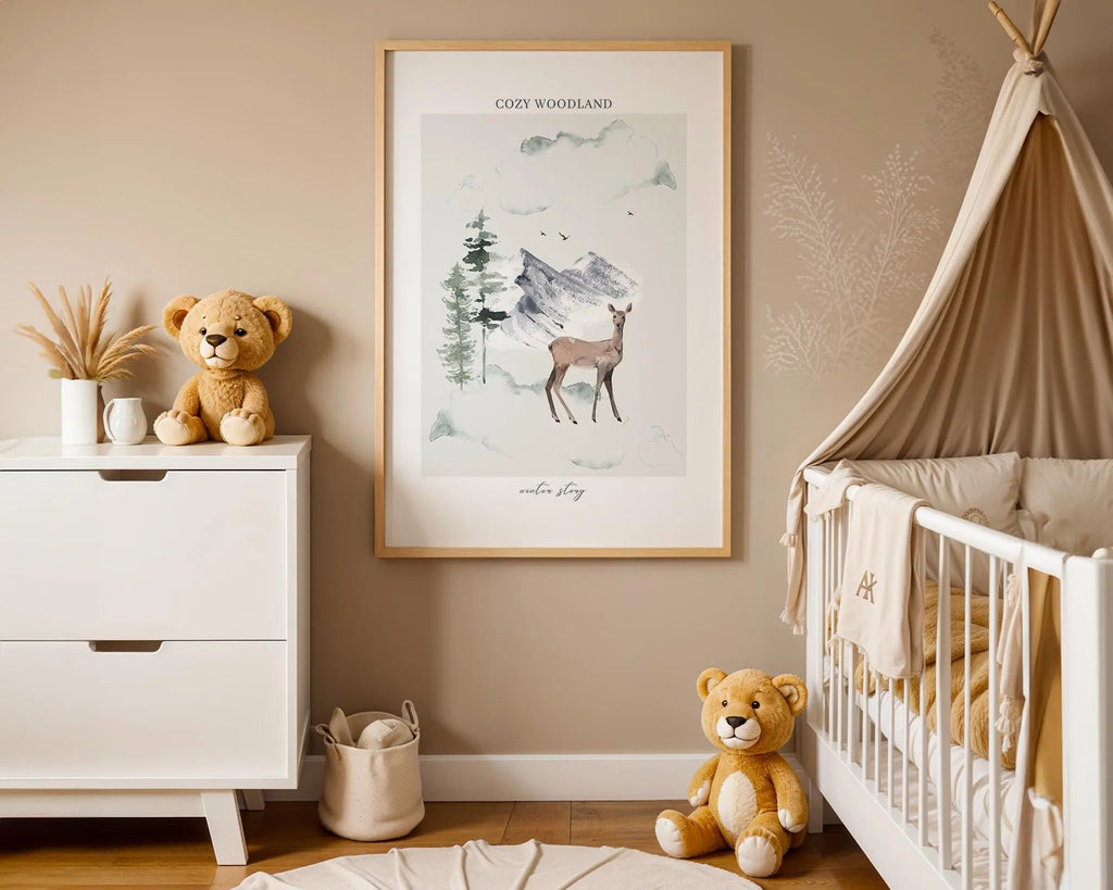 Playroom Ideas | Cozy Woodland Deer Nursery Wall Art | Winter Forest Animal Print wall art print, modern home decor, unframed artwork by Nomad & Nest