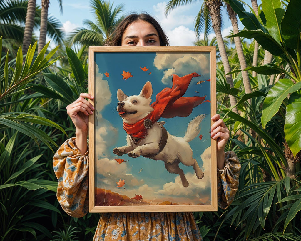 Whimsical Flying Dog Art Print | Red Scarf Pup Illustration wall art print, modern home decor, unframed artwork by Nomad & Nest