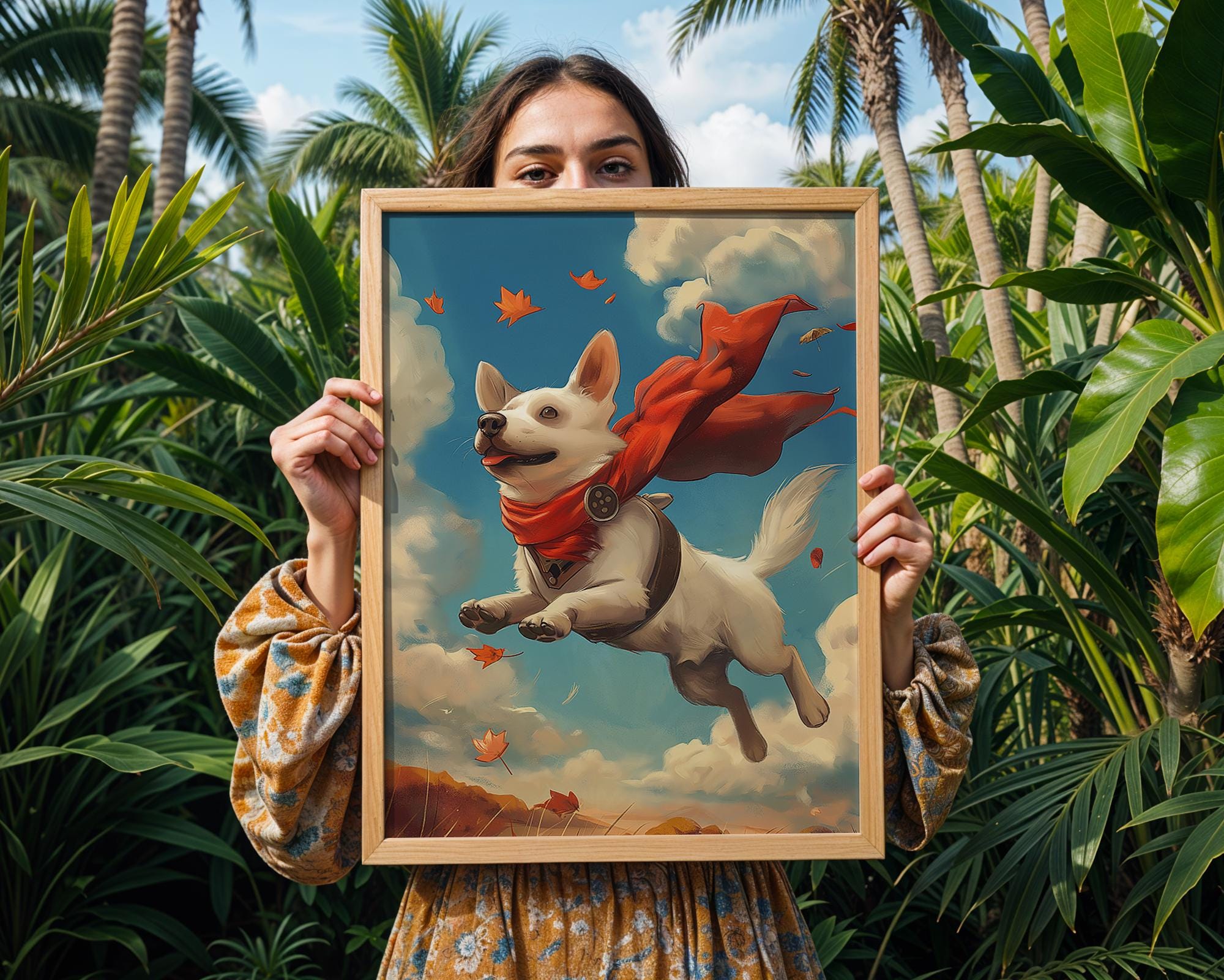 Whimsical Flying Dog Art Print | Red Scarf Pup Illustration wall art print, modern home decor, unframed artwork by Nomad & Nest