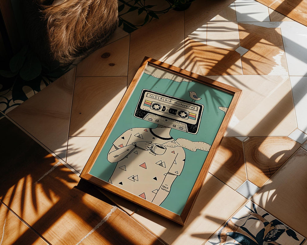 Modern Pop Art | Retro Mixtape Head  Print | Quirky Music Lover Decor wall art print, modern home decor, unframed artwork by Nomad & Nest