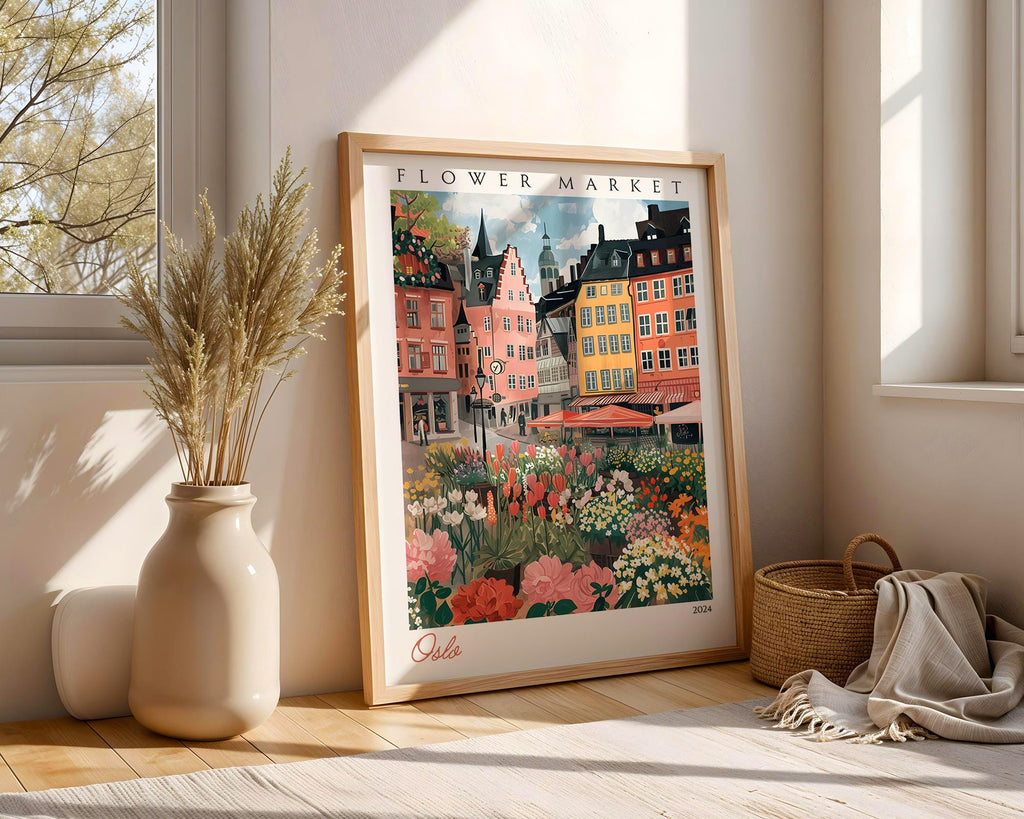 Oslo Flower Market Print | Scandinavian Cityscape Travel Poster wall art print, modern home decor, unframed artwork by Nomad & Nest