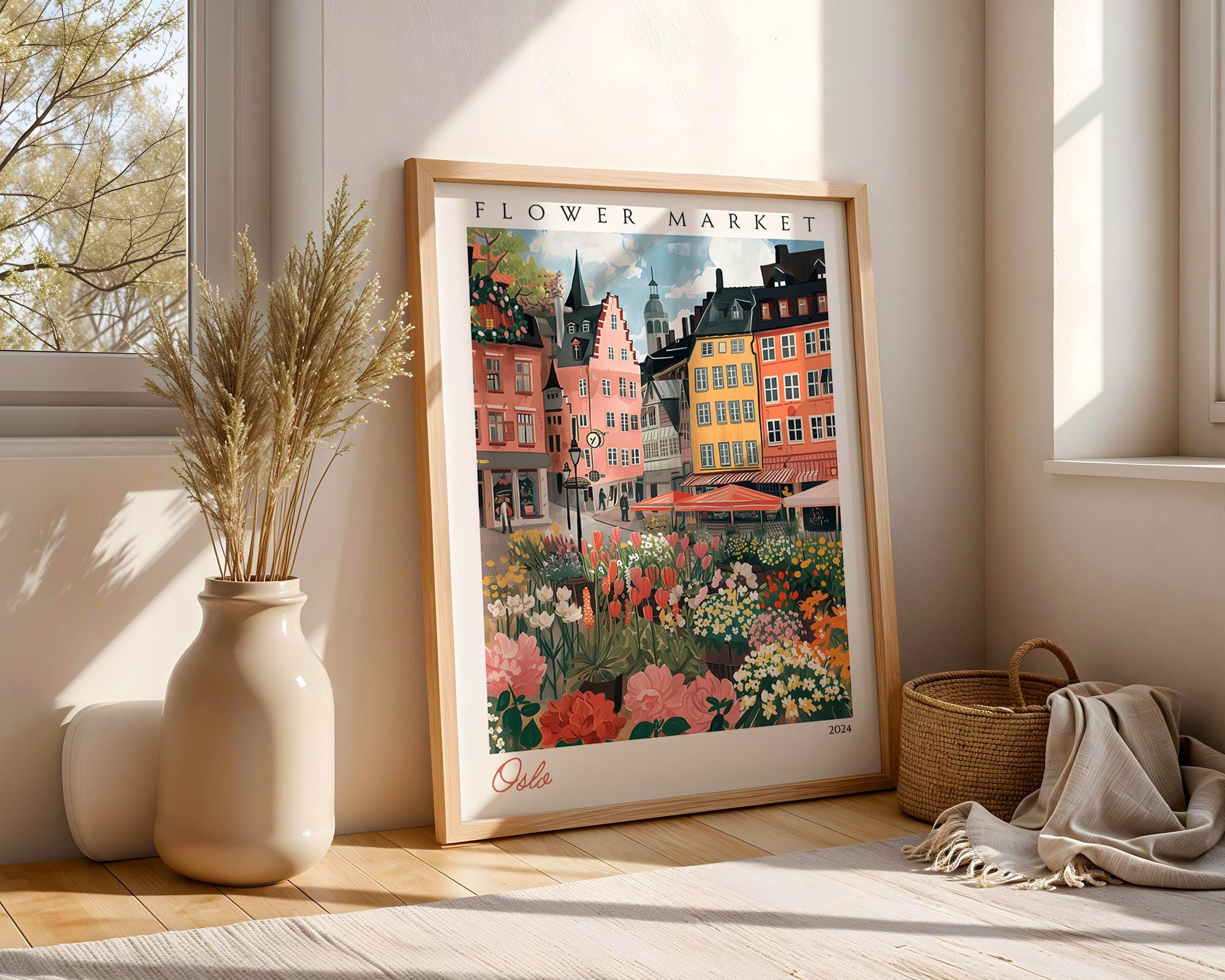 Oslo Flower Market Print | Scandinavian Cityscape Travel Poster wall art print, modern home decor, unframed artwork by Nomad & Nest