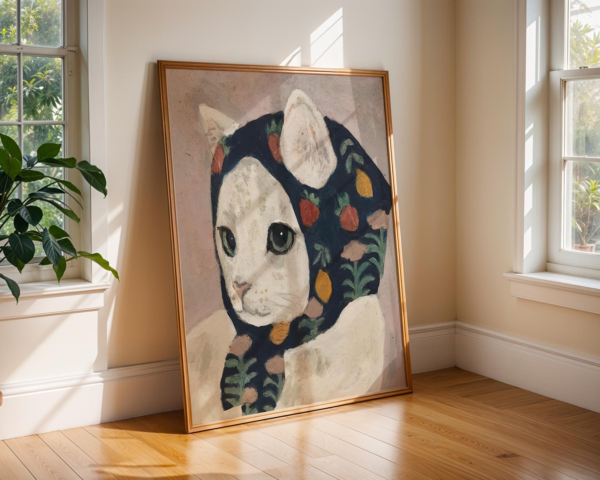 Whimsical Cat Art Print | Cat in Scarf Folk Art Poster wall art print, modern home decor, unframed artwork by Nomad & Nest