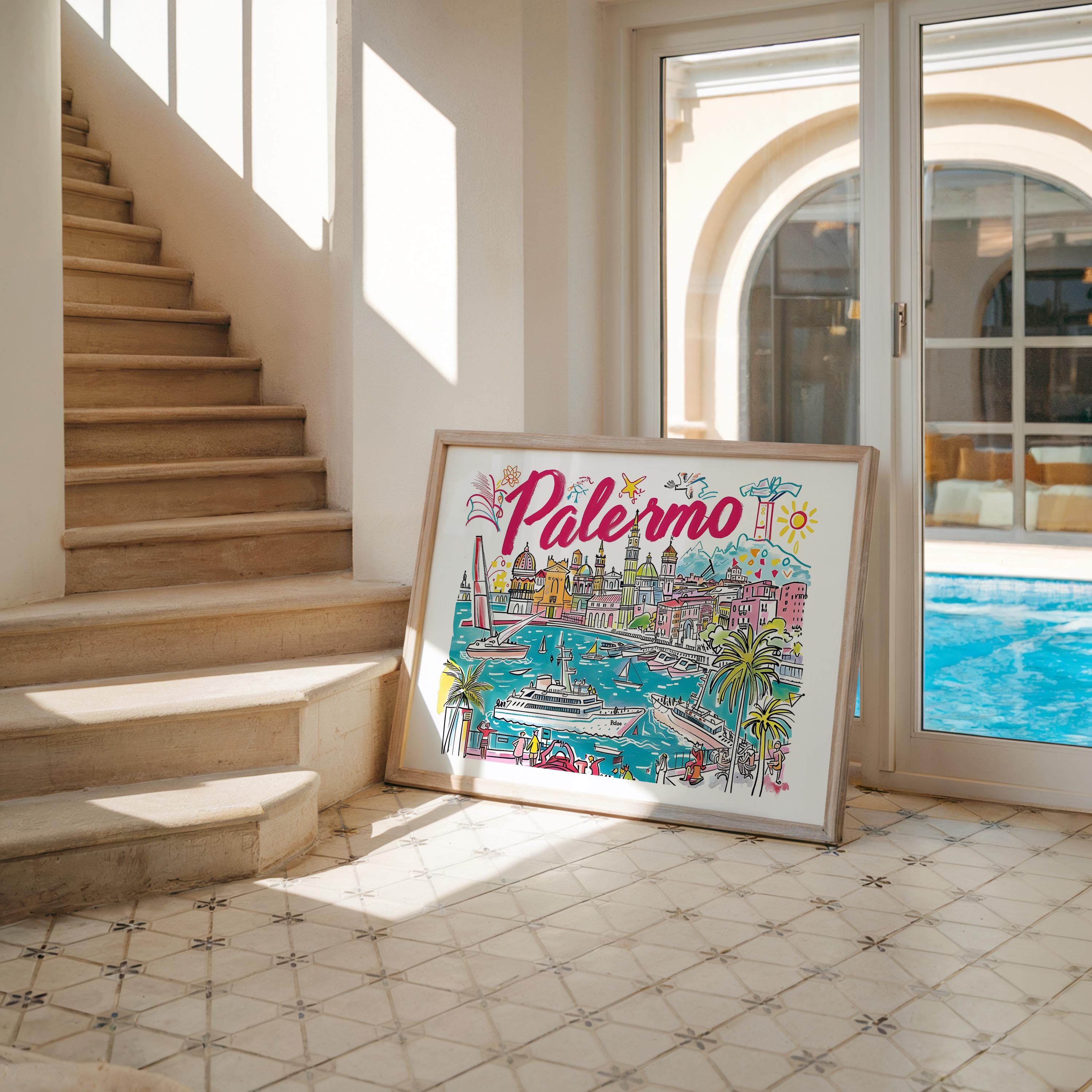 Palermo Italy Travel Poster | Colorful Sicilian Coastline Art Print wall art print, modern home decor, unframed artwork by Nomad & Nest