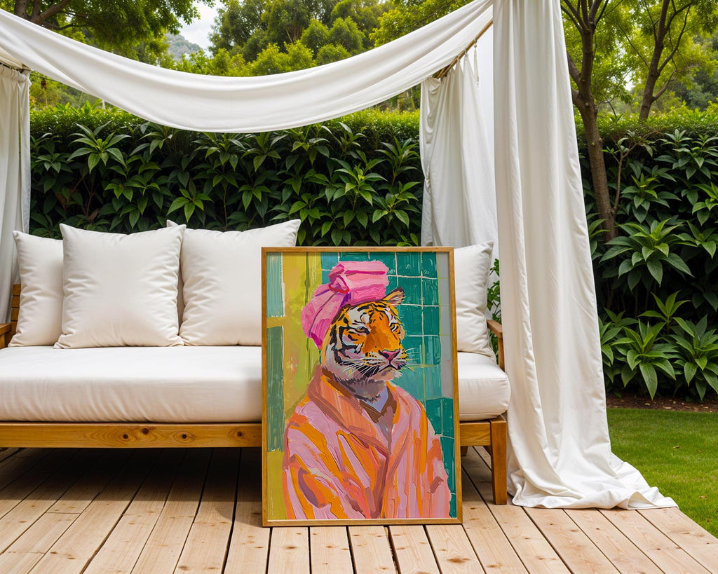 Colourful Prints | Tiger in Bathrobe Art Print | Funny Bathroom Animal Poster wall art print, modern home decor, unframed artwork by Nomad & Nest