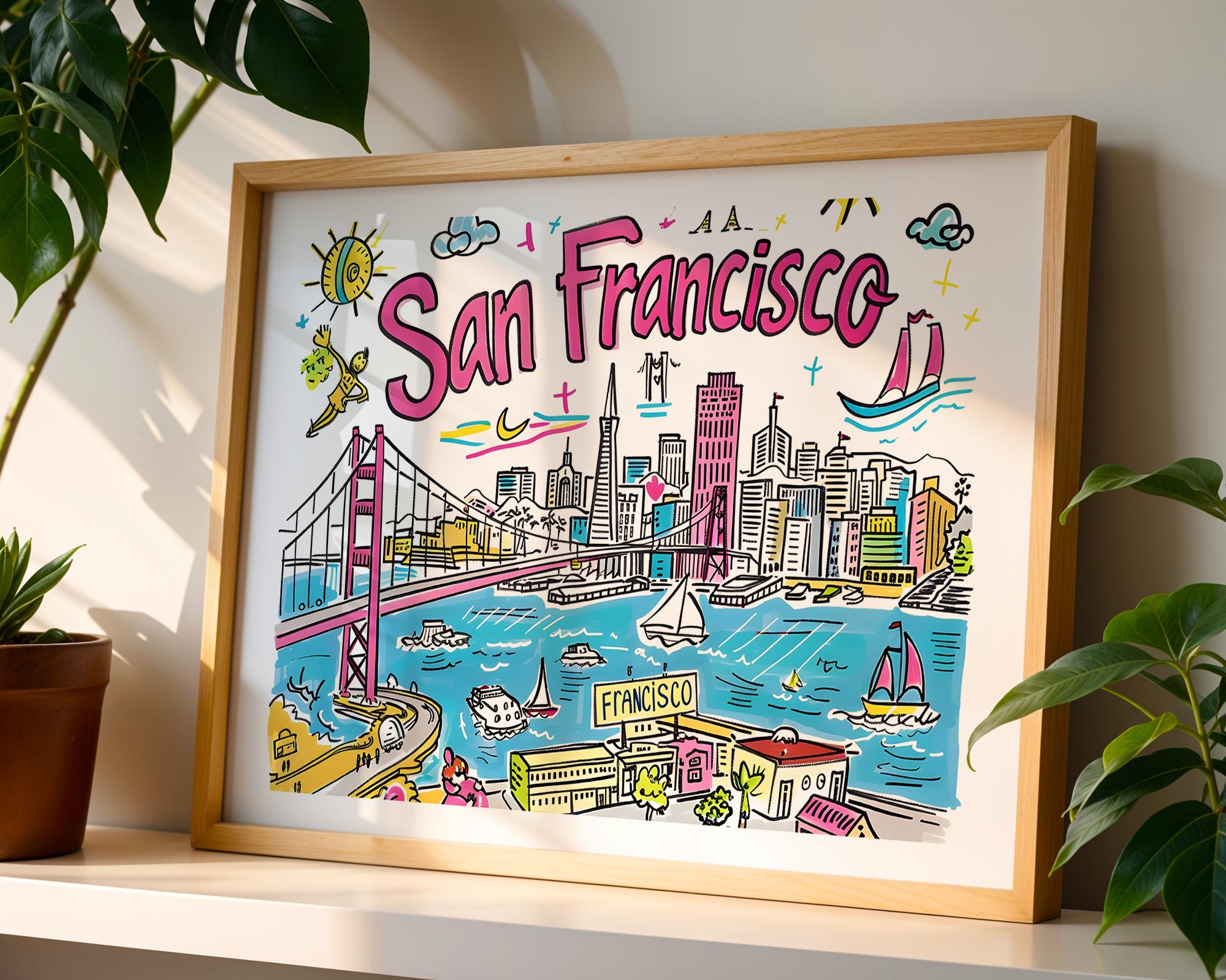 San Francisco Print | Colorful Cityscape Wall Art | Golden Gate Bridge Poster wall art print, modern home decor, unframed artwork by Nomad & Nest