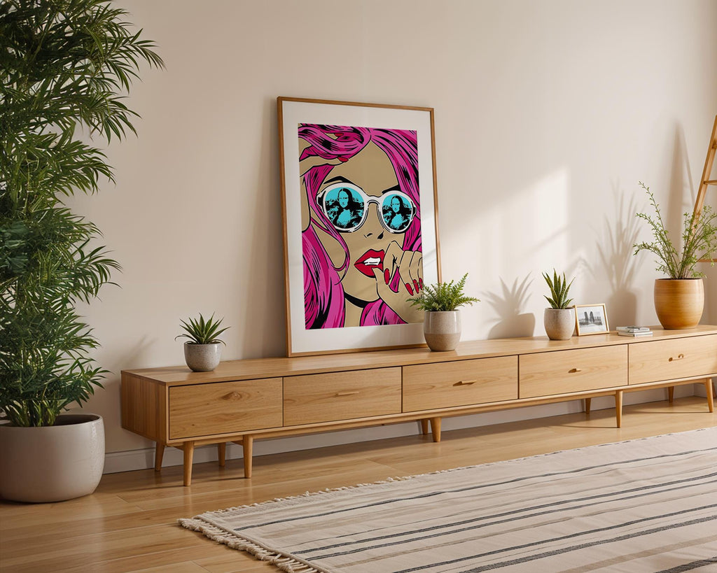 Modern Pop Art | Mona Lisa Sunglasses  Print | Pink Hair, Roy Lichtenstein Style wall art print, modern home decor, unframed artwork by Nomad & Nest