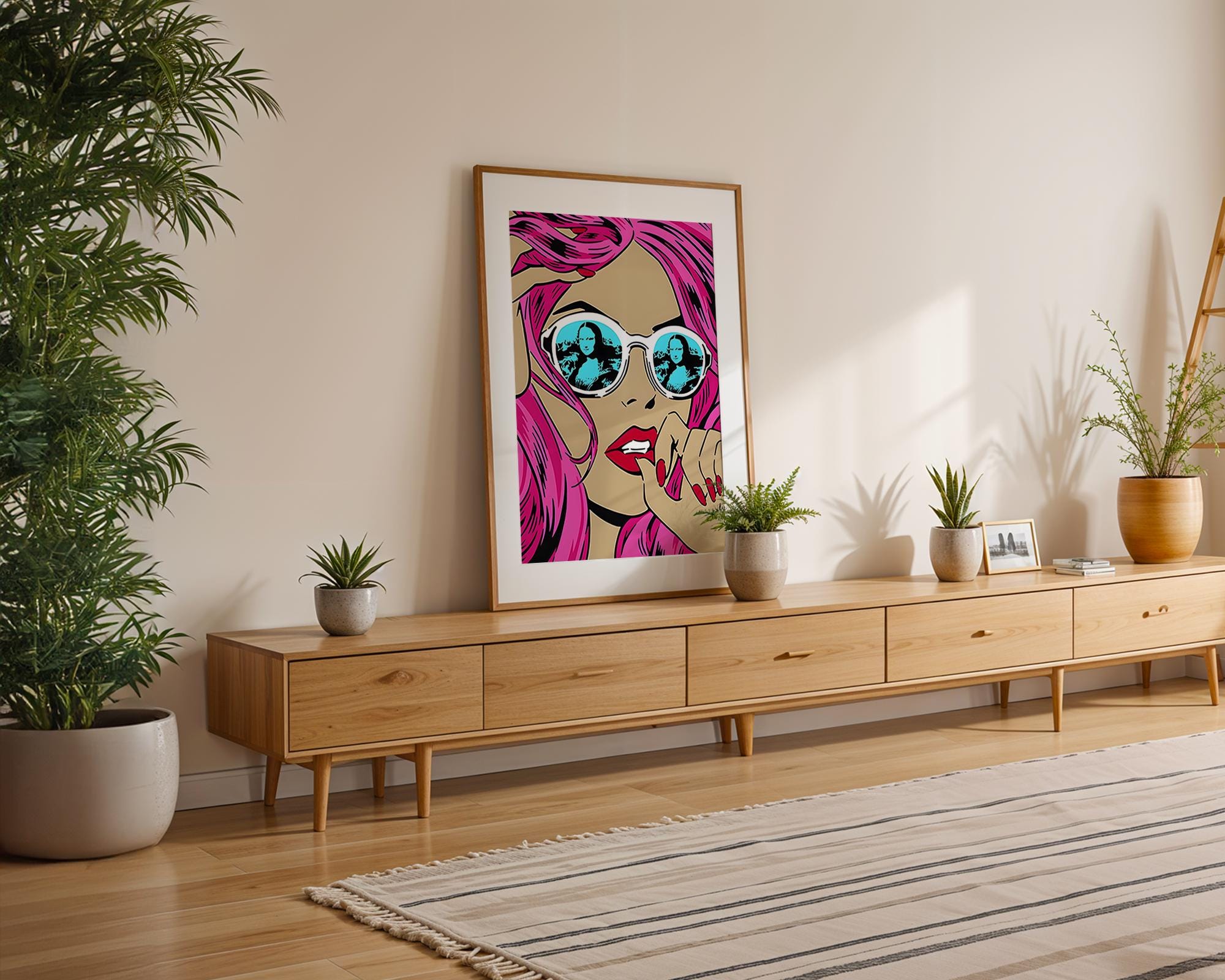 Modern Pop Art | Mona Lisa Sunglasses  Print | Pink Hair, Roy Lichtenstein Style wall art print, modern home decor, unframed artwork by Nomad & Nest