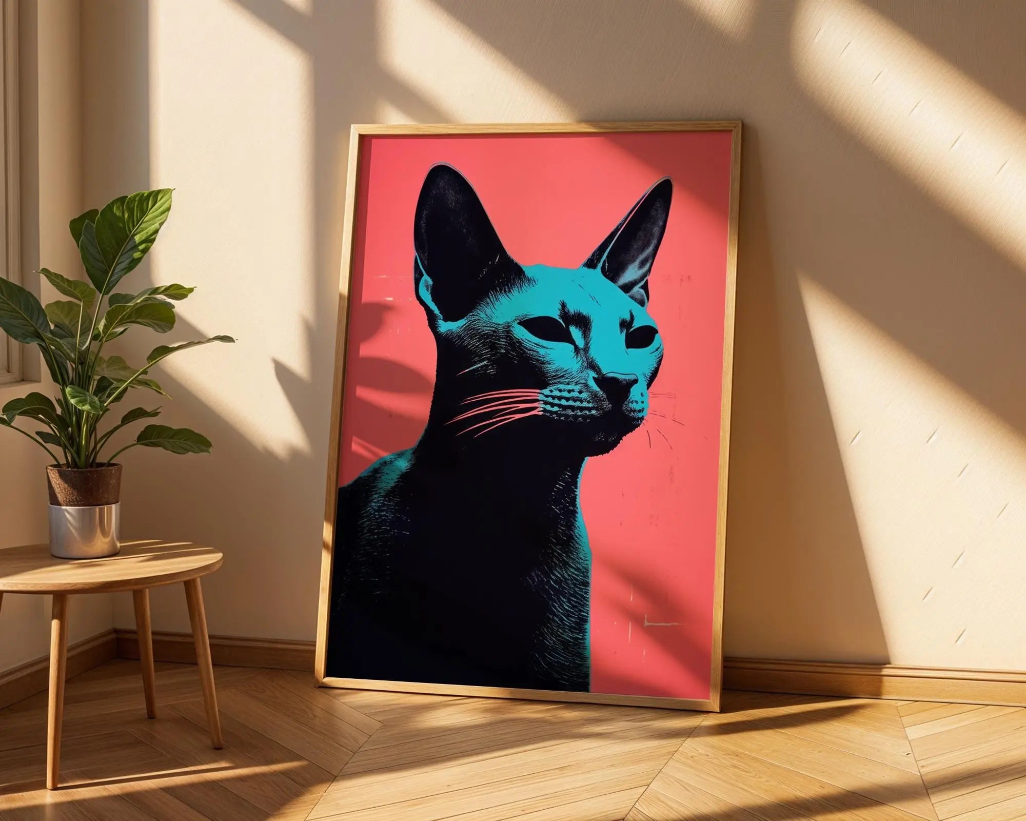 Pop Art Cat Portrait Print | Neon Blue and Pink Feline Poster wall art print, modern home decor, unframed artwork by Nomad & Nest
