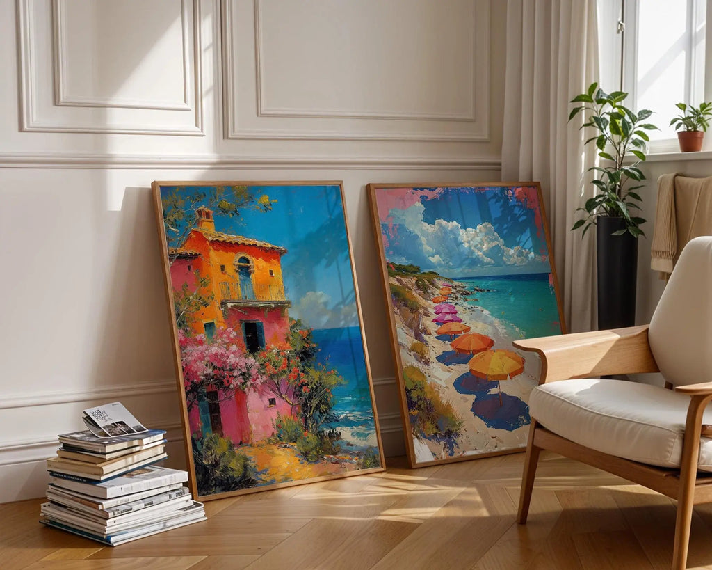 Colourful Prints | Italian Villa & Beach Umbrellas Print Set • Summer Coastal Wall Art wall art print, modern home decor, unframed artwork by Nomad & Nest