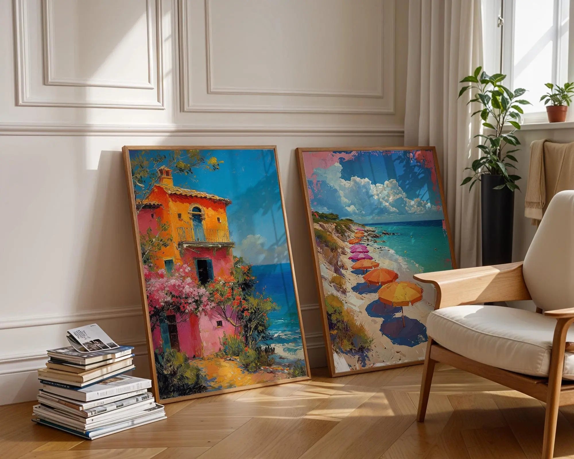 Colourful Prints | Italian Villa & Beach Umbrellas Print Set • Summer Coastal Wall Art wall art print, modern home decor, unframed artwork by Nomad & Nest