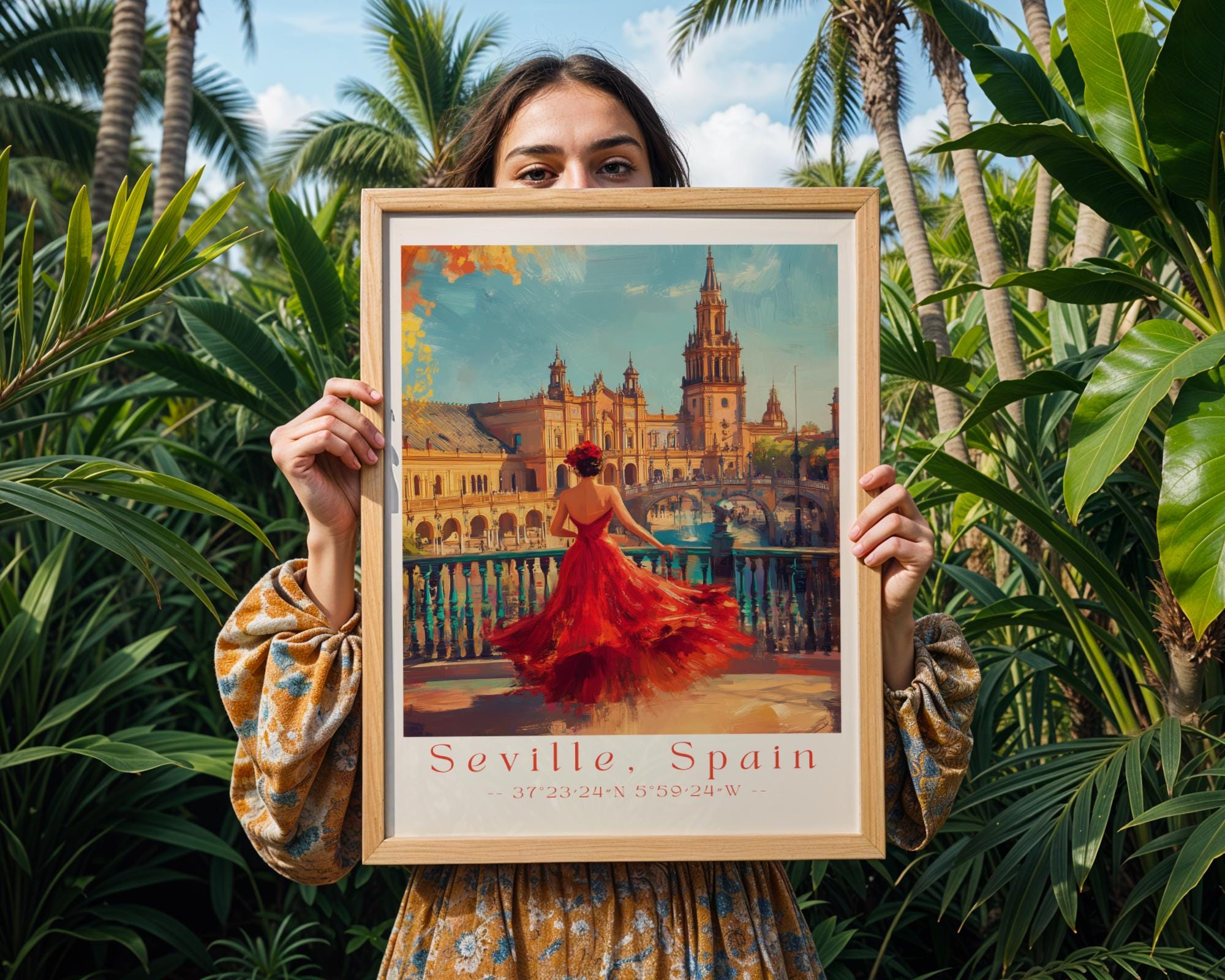 Seville Spain Travel Poster | Flamenco Dancer, Plaza de España Print wall art print, modern home decor, unframed artwork by Nomad & Nest