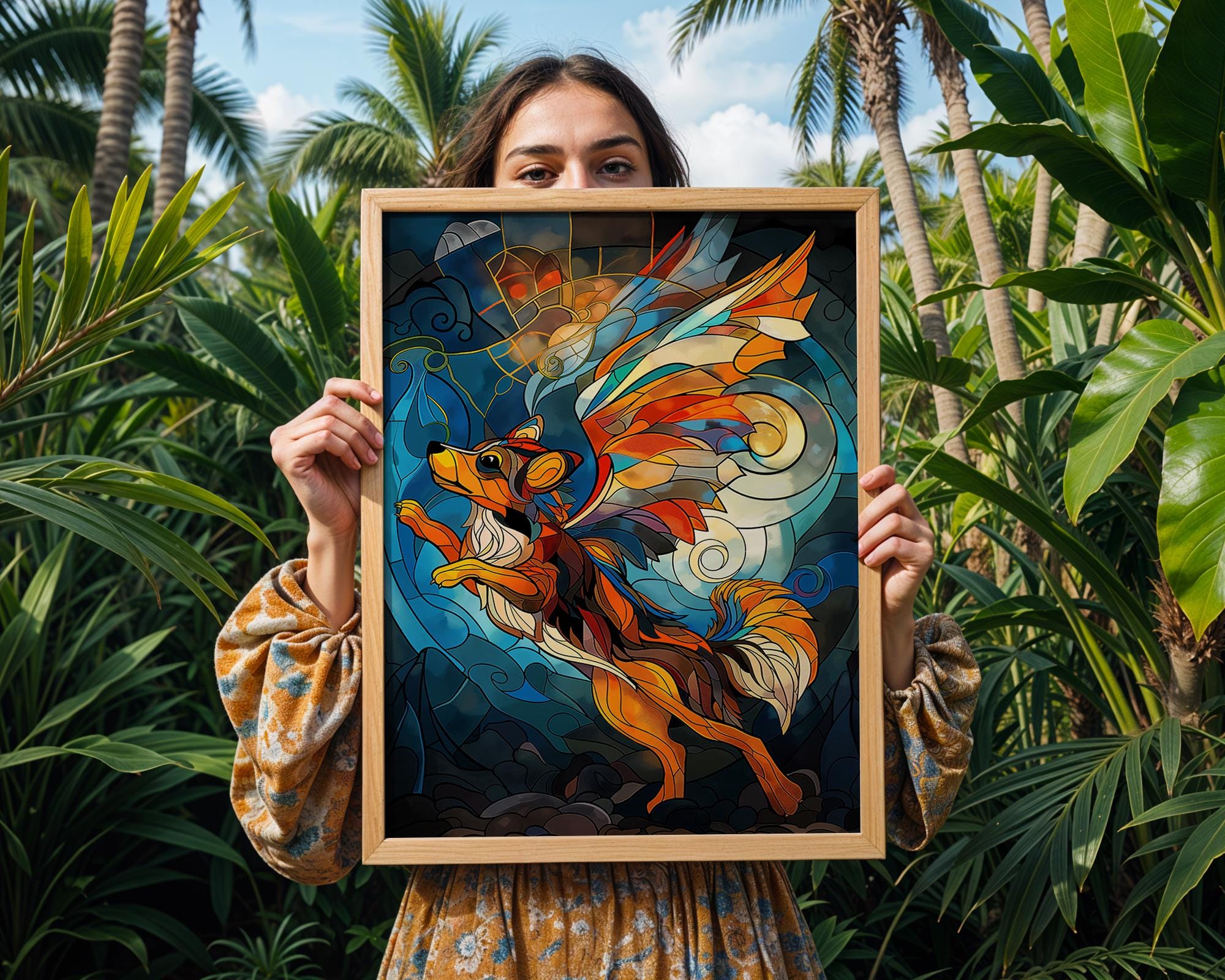 Stained Glass Winged Dog Print | Fantasy Animal Wall Art wall art print, modern home decor, unframed artwork by Nomad & Nest