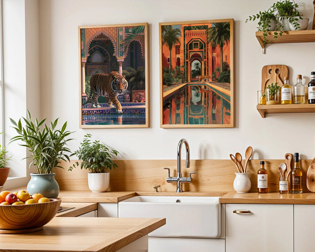 Colourful Prints | Moroccan Tiger Pool Art Prints | Exotic Jungle Wall Decor (Set of 2) wall art print, modern home decor, unframed artwork by Nomad & Nest